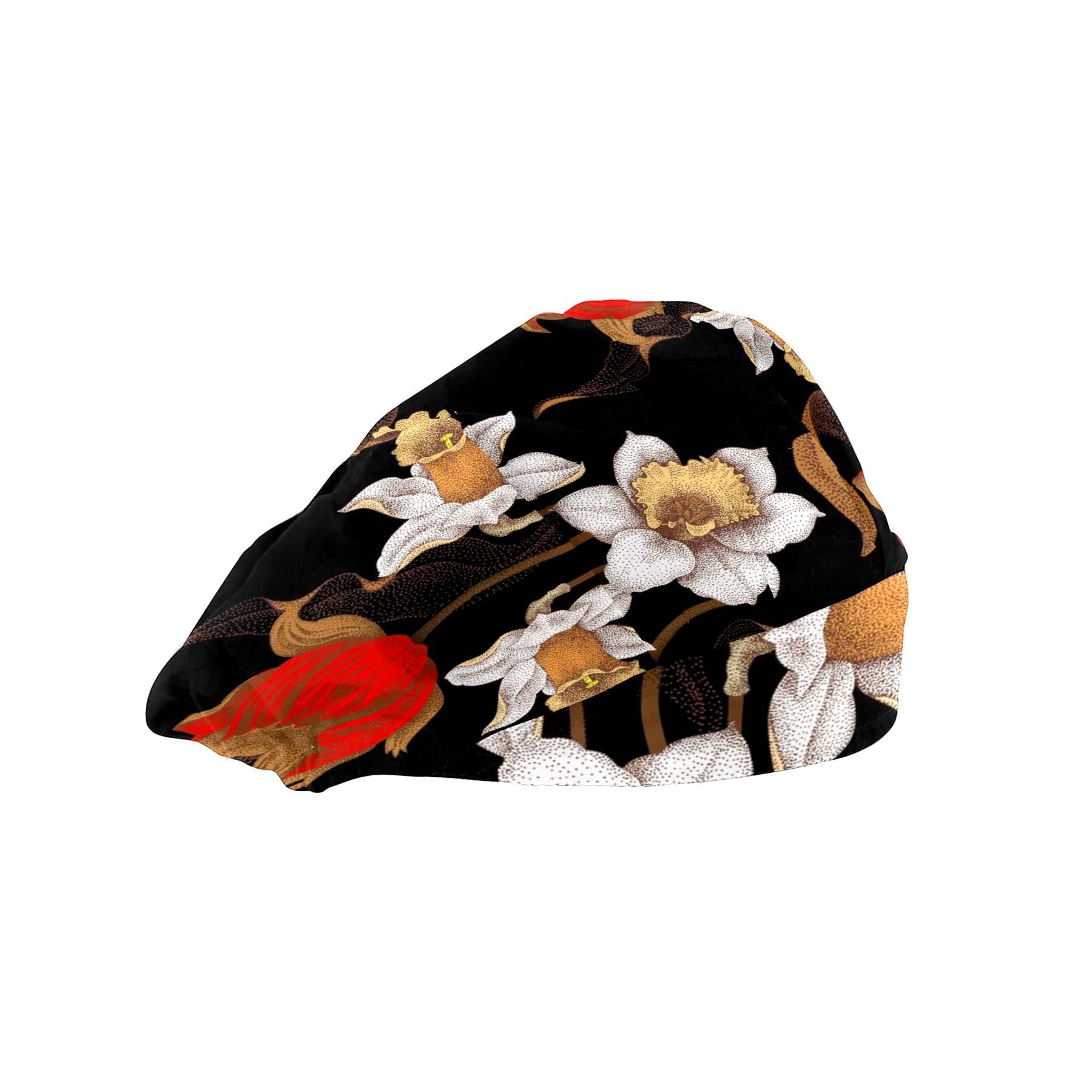 Working Cap with Button and Sweatband Adjustable Tie Back Bouffant Hats Printed Multi Color for Woman ManRose Flower