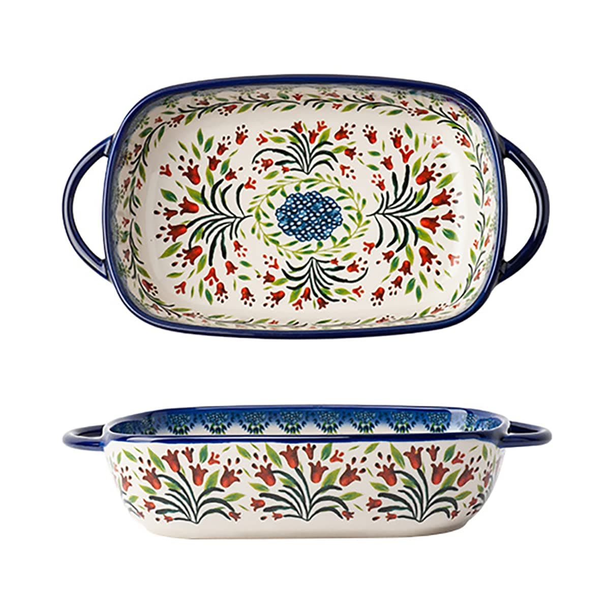 Vintage Style Tulip Flower Pattern Ceramic Bakeware Casserole Dish Baking Pan Lasagna Pans Baking Dish with Handles for Oven/Cooking/Kitchen-1 PCS-22 OZ