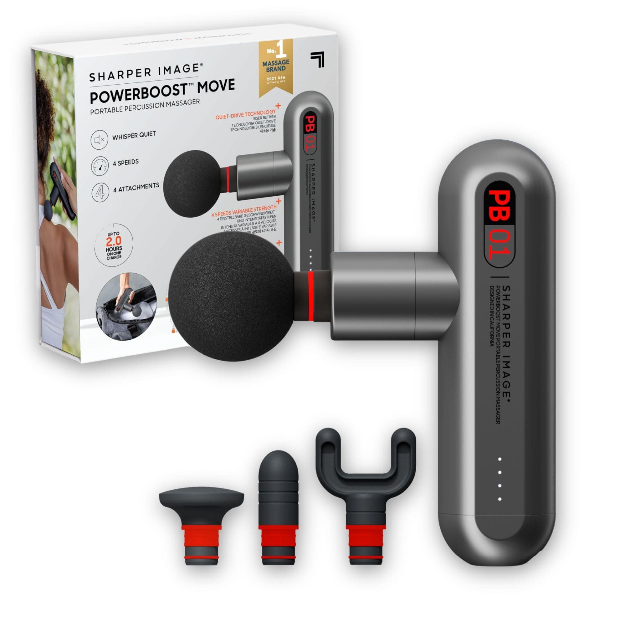 Sharper Image PowerBoost Move Portable Percussion Massage Gun - Electric Small Massager Gun with 4 Attachments & Speeds, Handheld Deep Tissue Vibrating Massager for Muscle Relief, Athlete Recovery