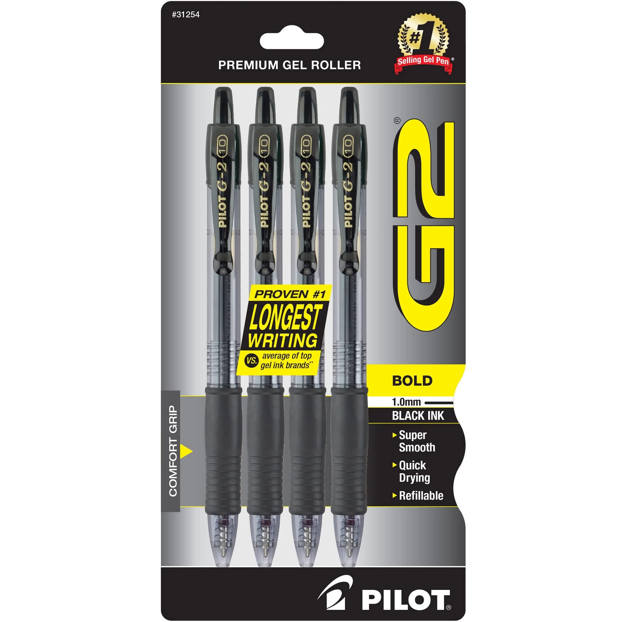 G2 Premium Refillable and Retractable Rolling Ball Gel Pens, Bold Point, Black Ink, 4-Pack (31254)