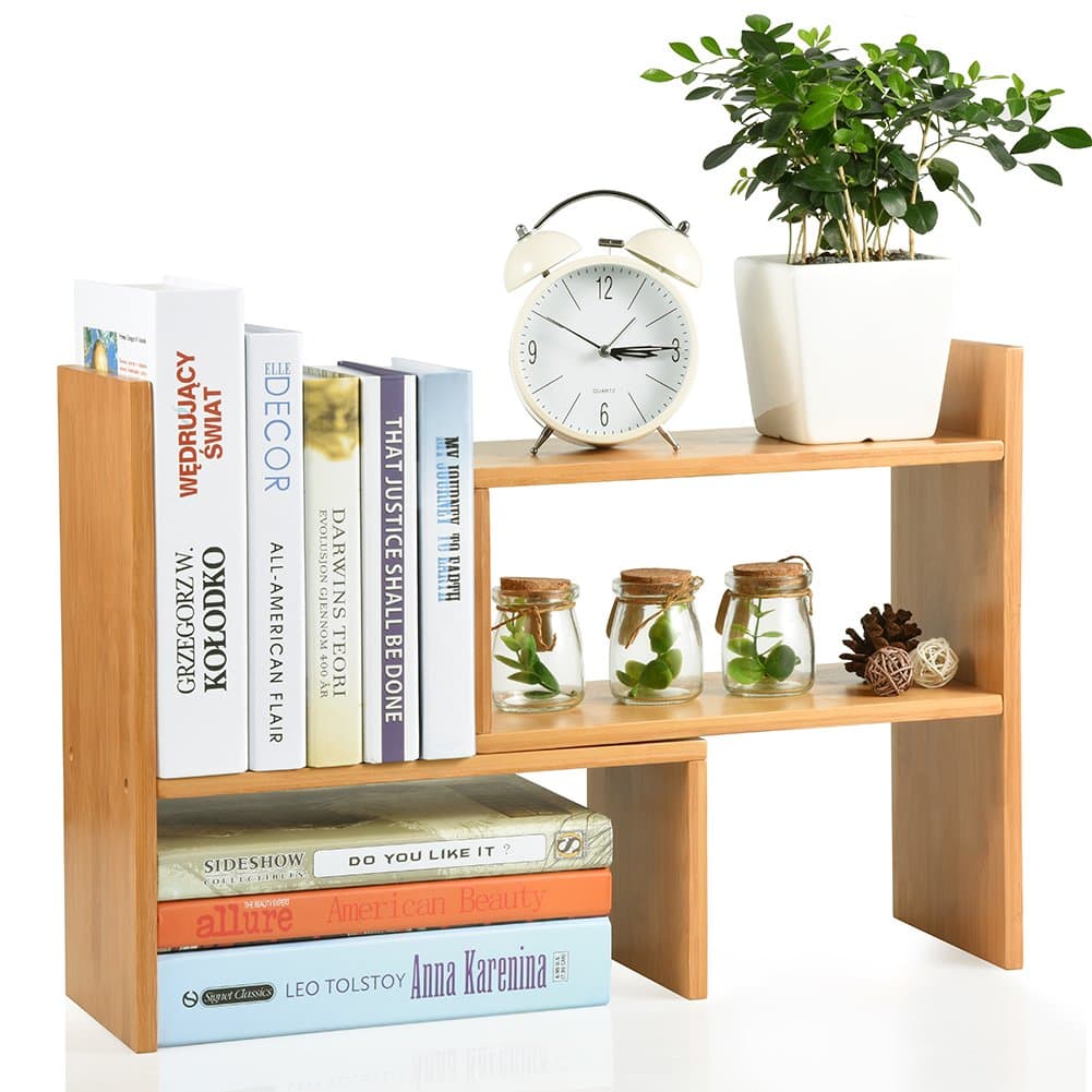 Lisuu Bamboo Adjustable Desktop Bookshelf Countertop Bookcase Adjustable Desk Organizer Desktop Shelf Rack Home Office Kitchen