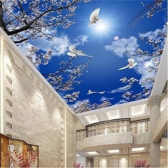 3D Cherry Blossom Dove Ceiling 3D Wall Mural,Removable Peel and Stick Art Decor Paintings Large Wallpaper Mural for Bedroom Living Room Children's Room Sofa Background Wall(100"Hx144"W)
