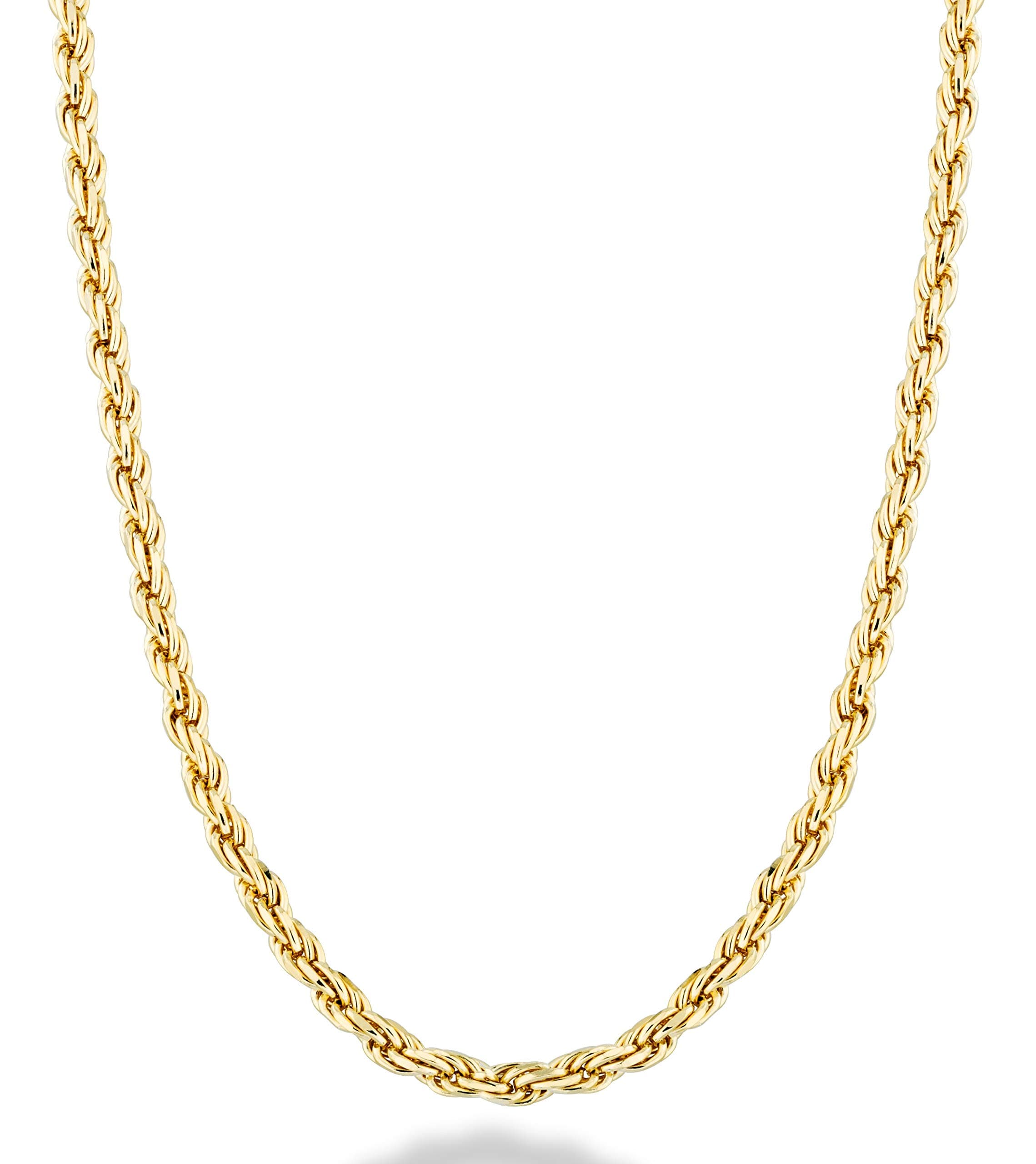 Solid 18K Gold Over Sterling Silver Italian 2mm, 3mm Diamond-Cut Braided Rope Chain Necklace for Men Women, 925 Sterling Silver Made in Italy