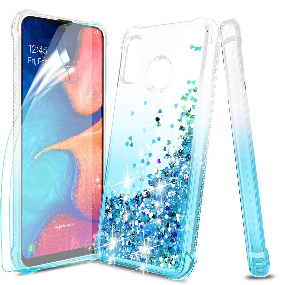 Tmacker Samsung Galaxy A20 Case,Galaxy A30/A20 Phone Case w/ 2 PCS HD Screen Protector,TPU Glitter Quicksand Shockproof Protective Phone Cover for Girls Women-Teal