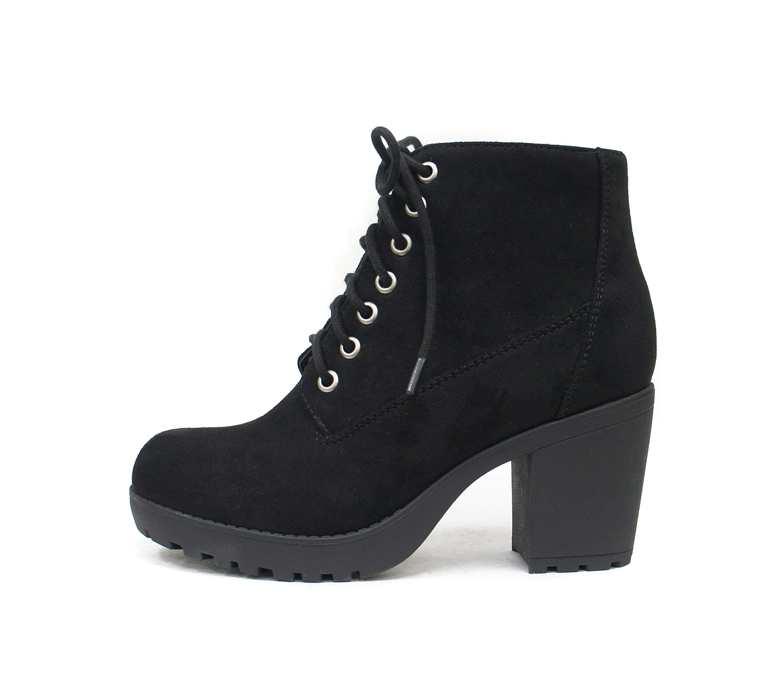 Second Lug Sole Chunky Heel Combat Ankle Bootie Lace up w/Side Zipper