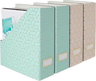 Blu Monaco Foldable Magazine File Holder with Gold Label Holder - Set of 4 Cardboard Magazine File Boxes - Pink and Aqua Desk Accessories
