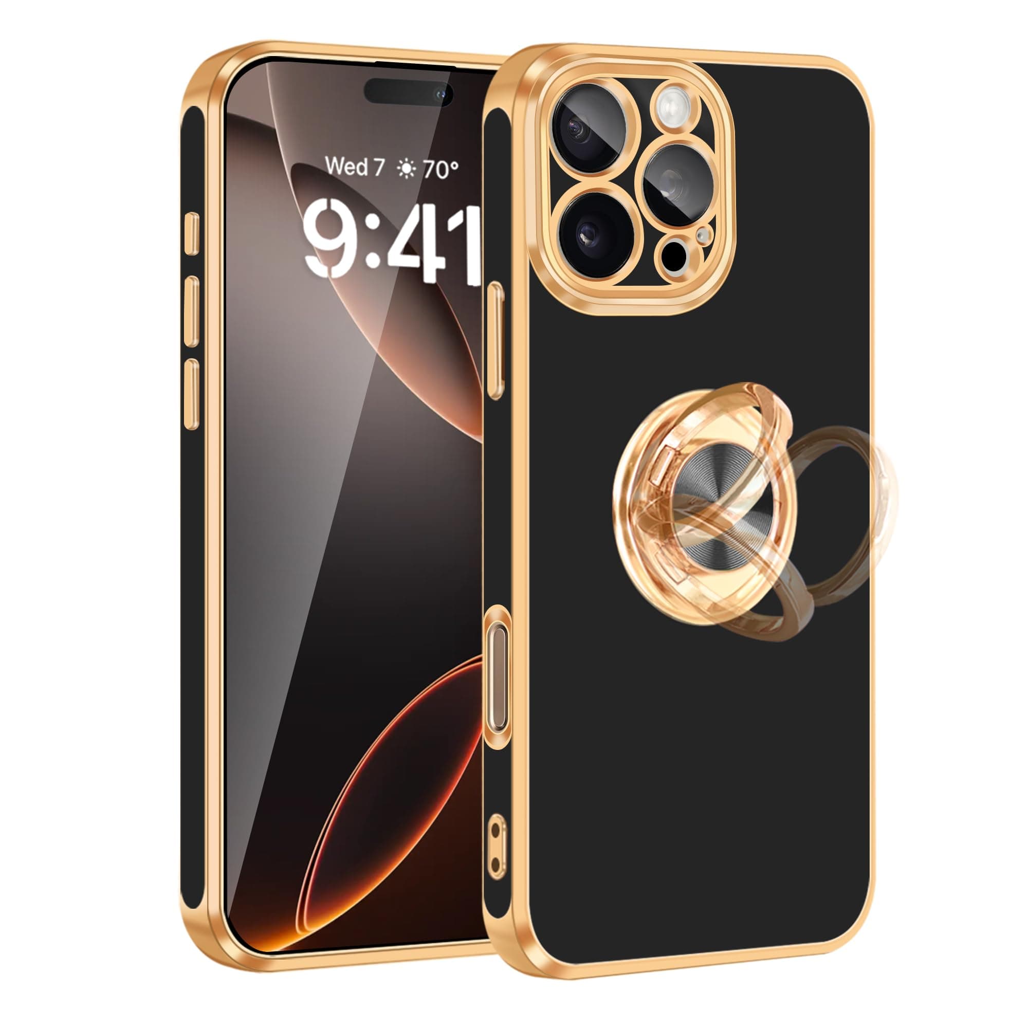 Fingic for iPhone 16 Pro Max Case[with 360°Rotatable Ring Holder][Support Magnetic Car Mount]Shiny Plating Gold Slim Thin Soft TPU Bumper Shockproof Case for iPhone 16 Pro Max for Women Men,2024,Black