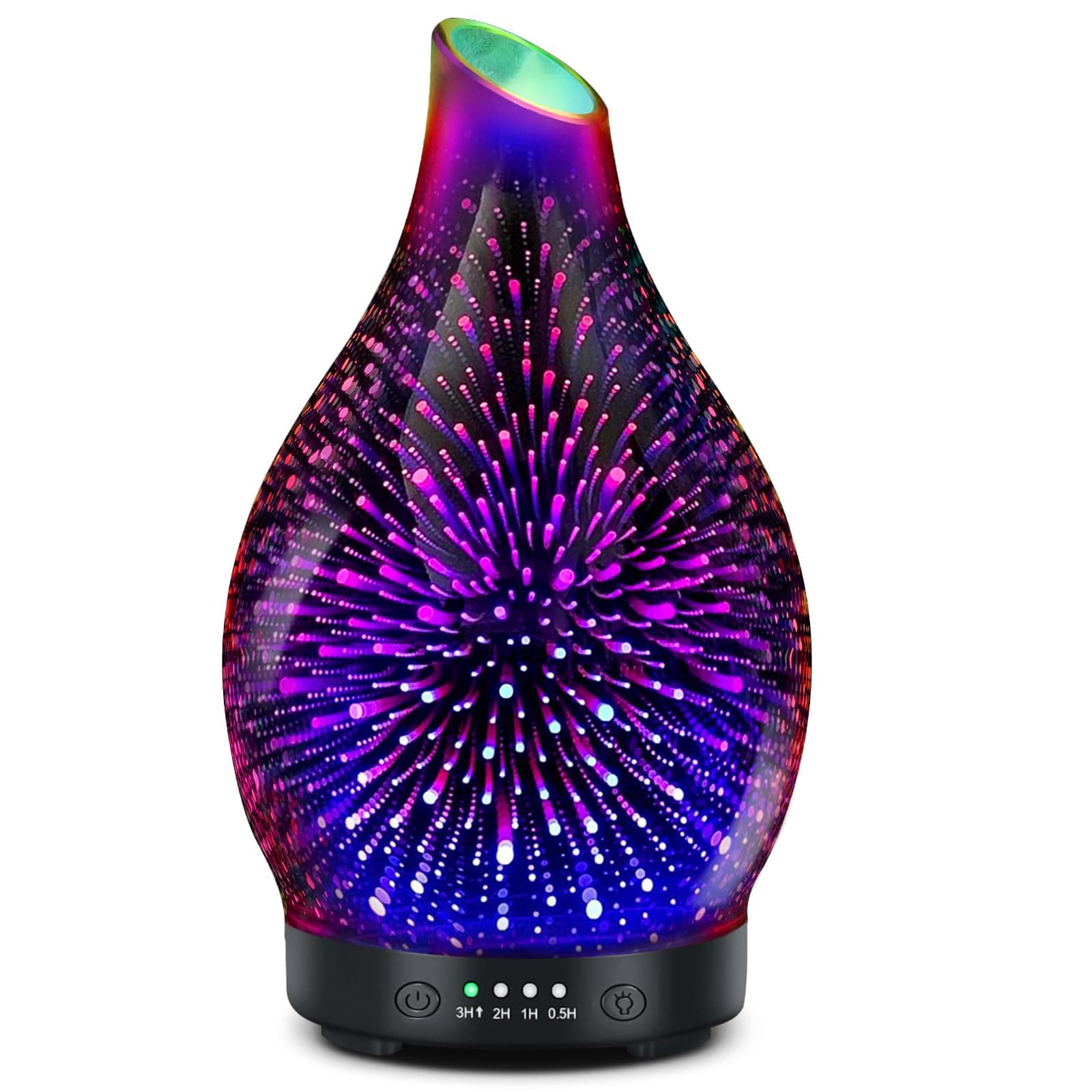Essential Oil Diffuser -3D Firework Glass Aromatherapy Diffusers for Essential Oils with 4 Timer Setting Auto Shut-Off Silent Operation 7 Colors Lights Changing for Room, Office, Yoga