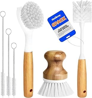6 Pack Dish Brush Scouring Pad Set with Bottle Brush, Dish Brush, Palm Scrub Brush and Straw Brush, Dish Scrubber Long Handle for Dish Bottle Cup Skillet Wok Pot Pan Cast Iron, White
