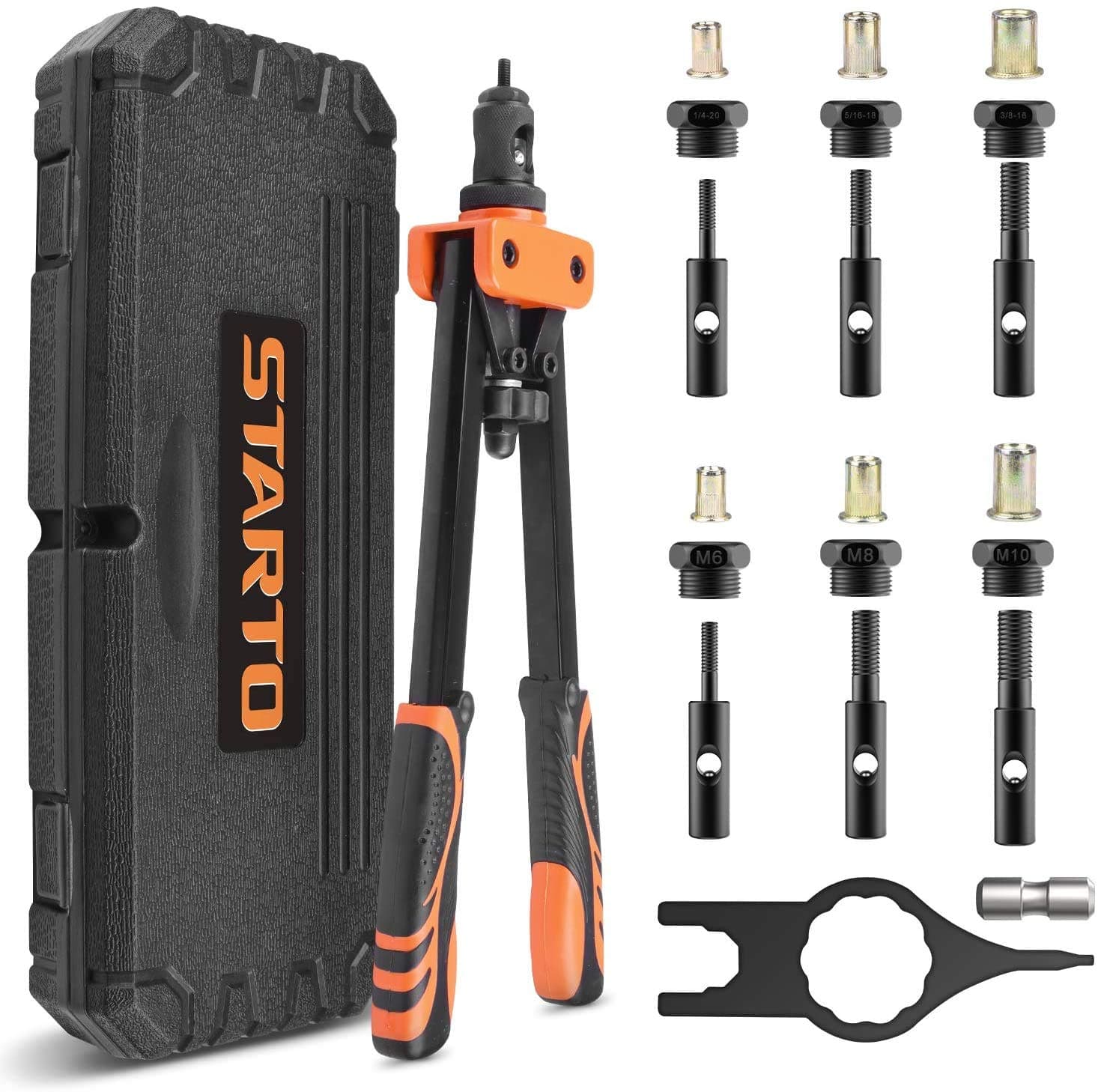 STARTO 14" Rivet Nut Tool, Hand Rivet Nut Setter Kit with 6pcs Metric/SAE Interchangeable Mandrel(1/4-20, 5/16-18, 3/8-16, M6, M8, M10,) rivet installation tool with Carry Case 21 pieces rivet nuts