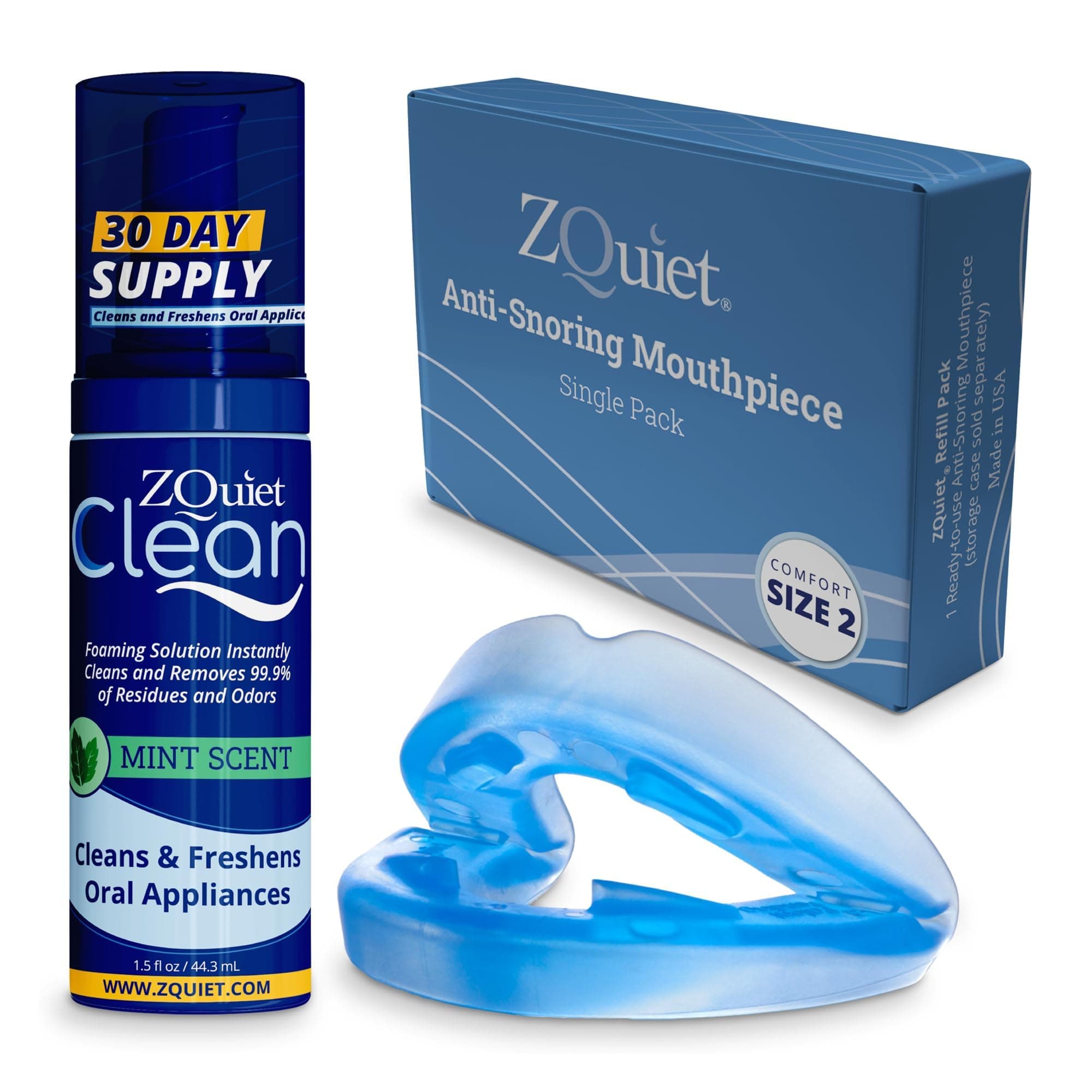 Anti-Snoring Mouthpiece Solution, Comfort Size #2 (Single Device, No Storage Case) + Anti-Bacterial Cleaner (1.5oz Bottle) -Made in USA & FDA Cleared, Sleep Aid, Dentist Designed Oral Appliance