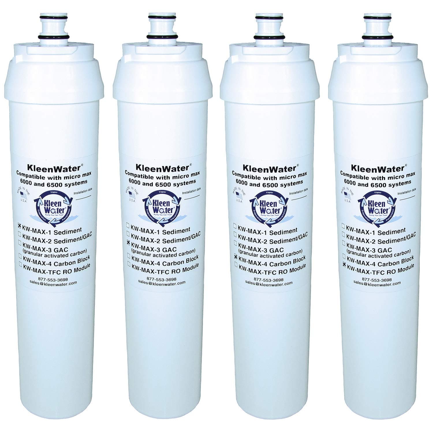 KleenWater Filters and Membrane compatible with Micro Max 6500 Reverse Osmosis System, Set of 4, Made in USA