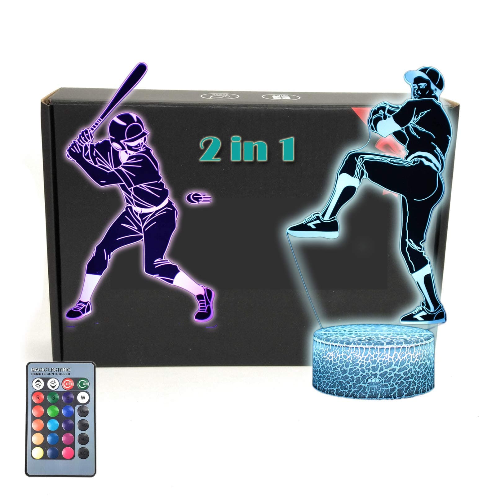 TriPro Baseball Player 3D Illusion LED Desk Lamp Night Light with 2 Acrylic Flats & Lighted Base,16 Colors Change, Smart Touch Button & Remote Control, Fans Gift for Boys, Kids, Teens, Men