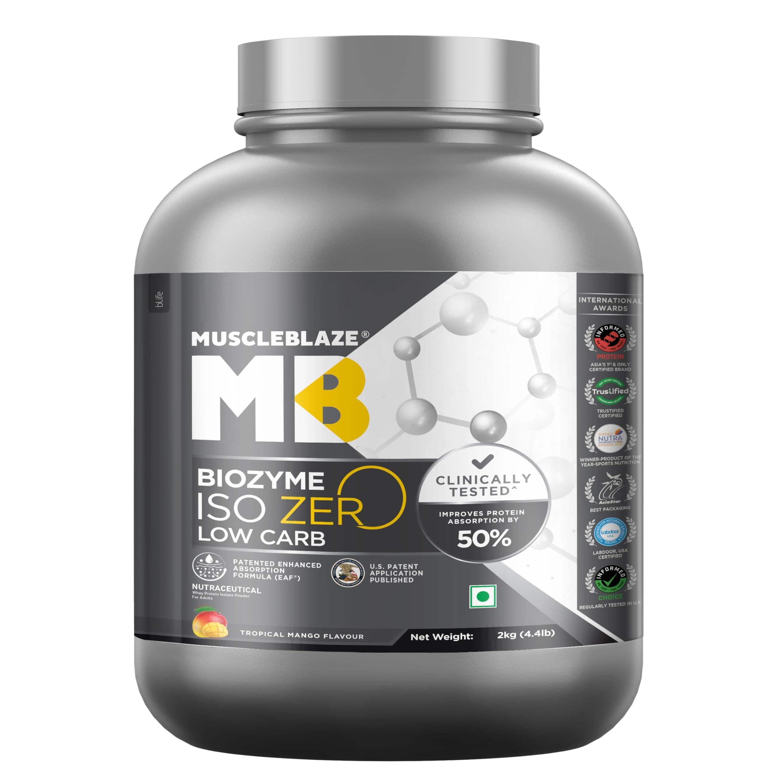 MuscleBlaze Biozyme Iso-Zero, Low Carb Whey Protein Isolate Powder, 27g Isolate Whey Per Scoop (Tropical Mango, 2kg / 4.4lbs) | USA Patent-Published Enhanced Absorption Formula (EAF)