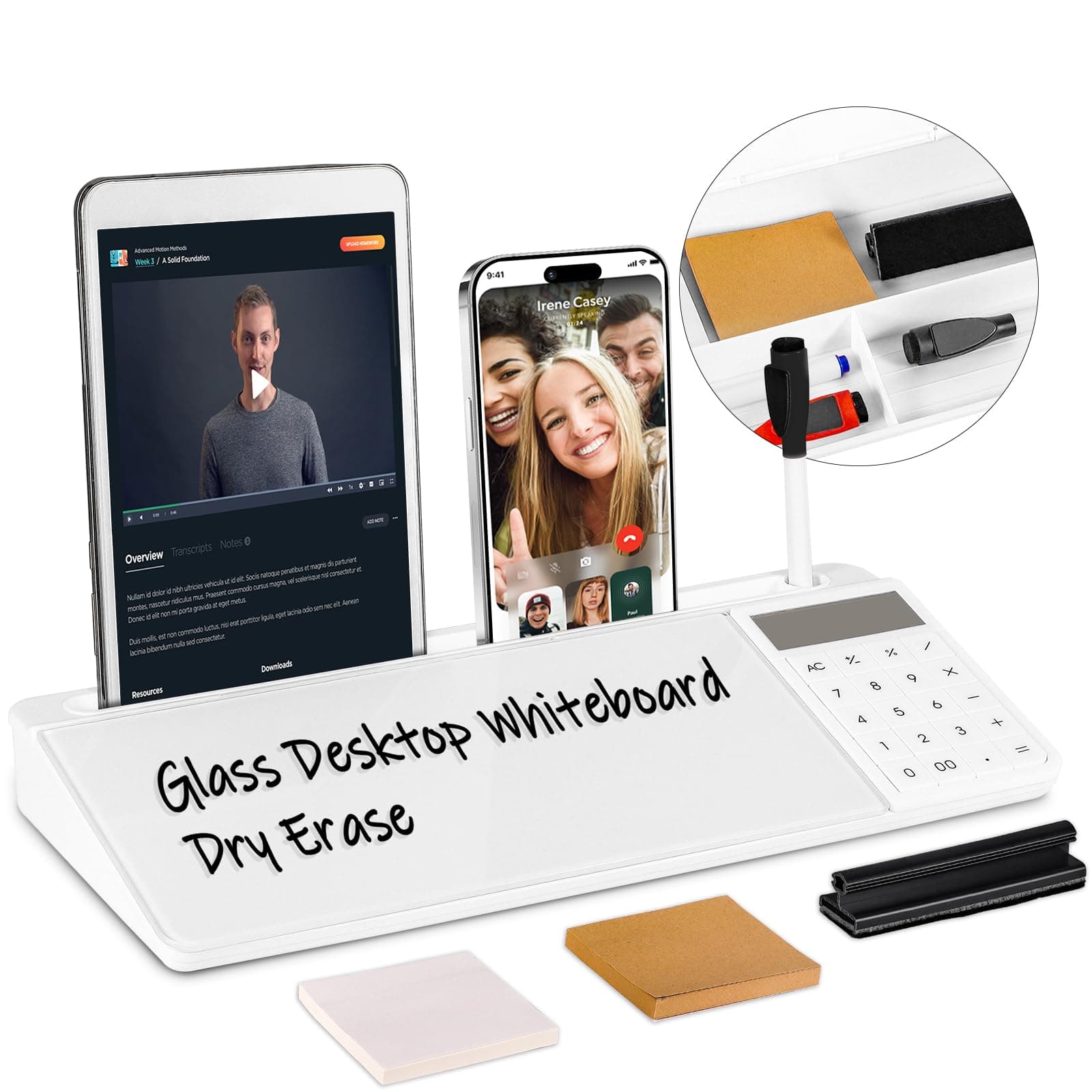 Desk Whiteboard Dry Erase Glass Desktop Whiteboard with Basic Calculator, Deskboard Buddy with Storage Organizer & Notepad Desktop Buddy Keyboard Stand for Home Office School Accessories Supplies