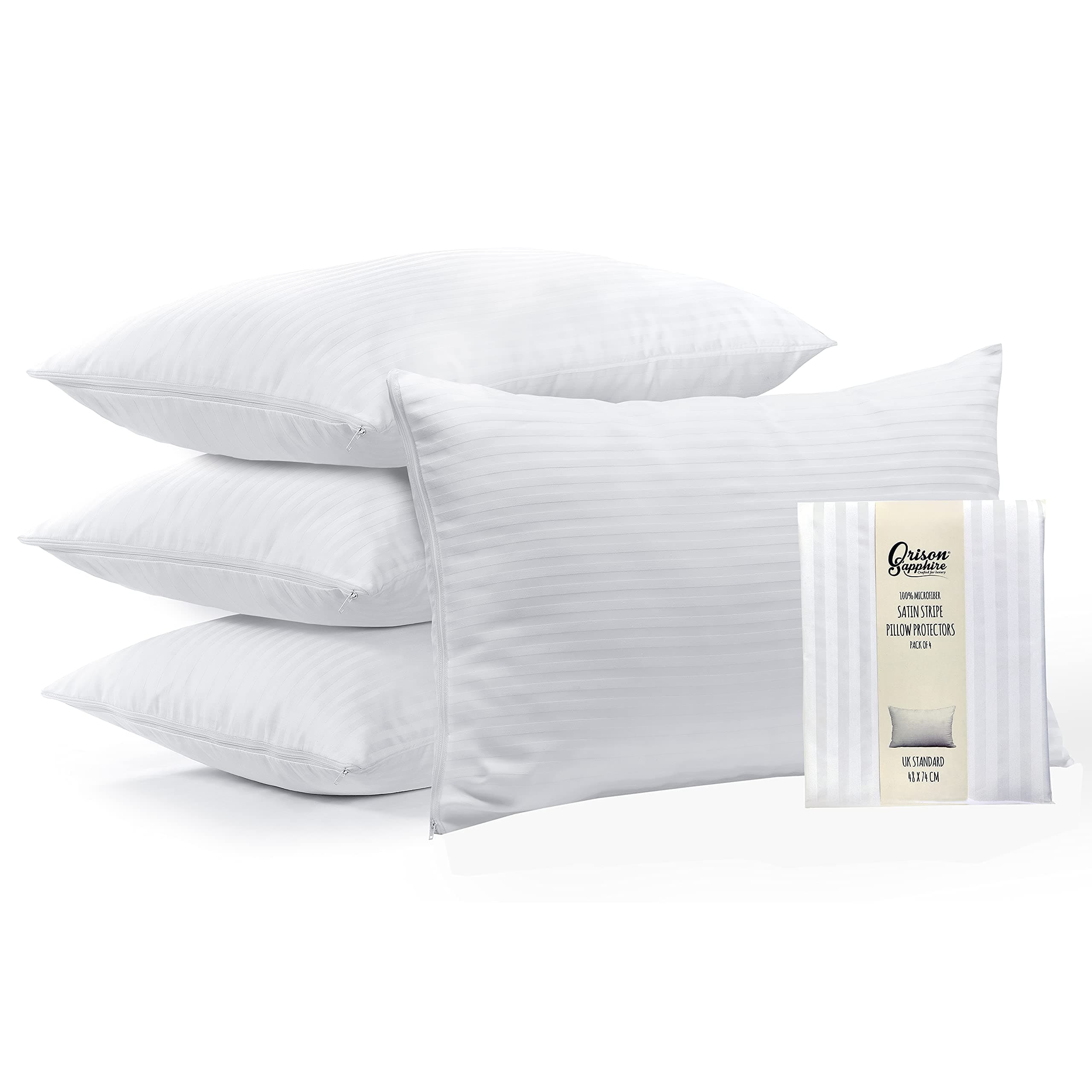 Pillow Protectors 4 Pack | 100% Microfiber Ultra Soft Satin Stripe Pillow Cases | Anti Allergy & Anti Dust Mite, Breathable & Zipped White Pillow Covers | UK Standard Size 48x74 CM