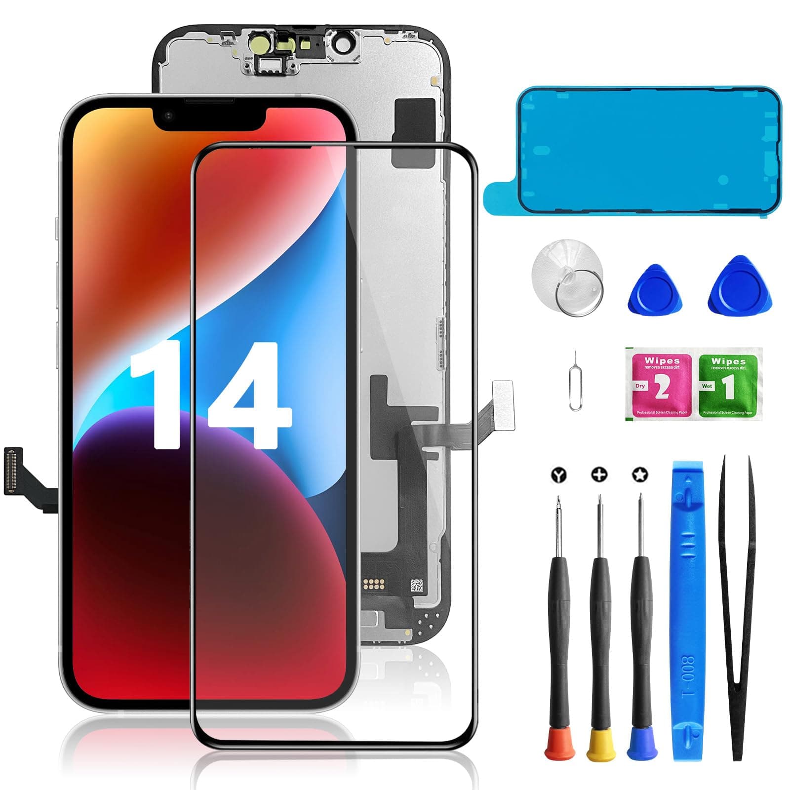 for iPhone 14 Screen Replacement Black, LCD Touch Digitizer Complete Display for A1864,A1897,A1898,with Waterproof Seal+Tempered Glass+Repair Tools