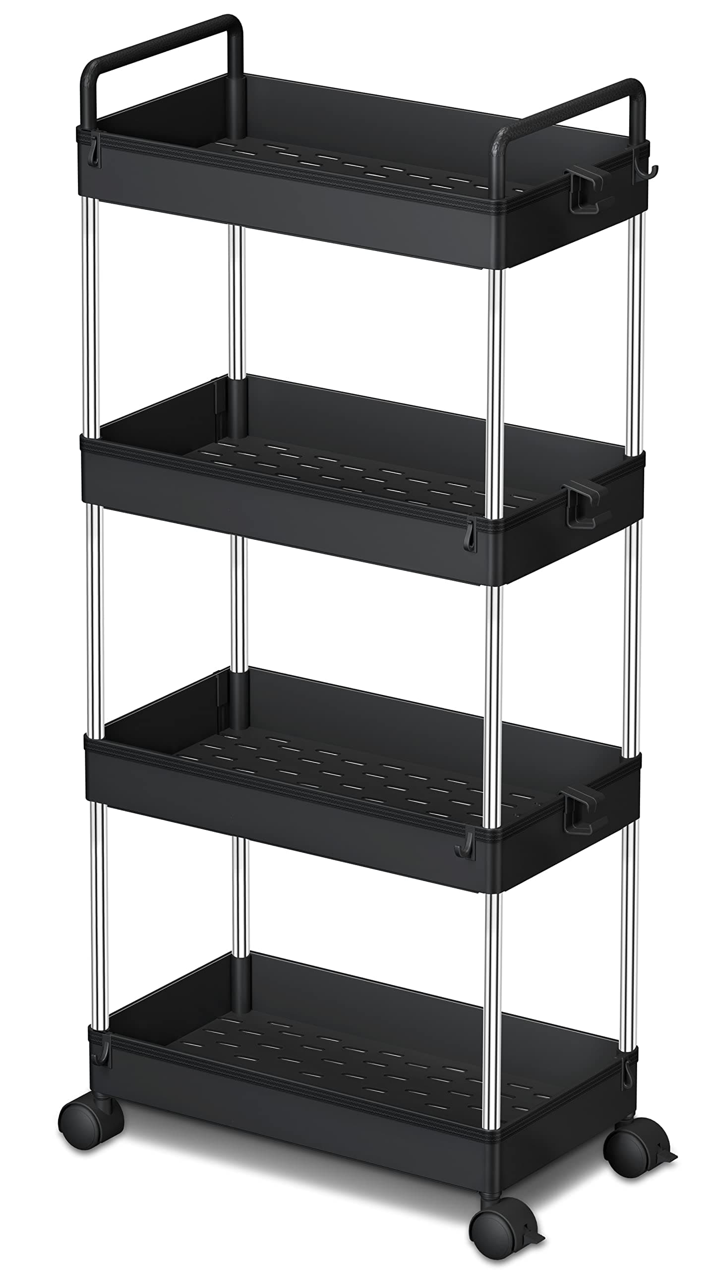 Ronlap 4 Tier Storage Trolley, Narrow Mobile Shelving Unit with Handle Hook Lock Wheels, Thin Rolling Utility Trolley Slide Out Skinny Storage Organizer Tower for Kitchen Bathroom Laundry Room, Black