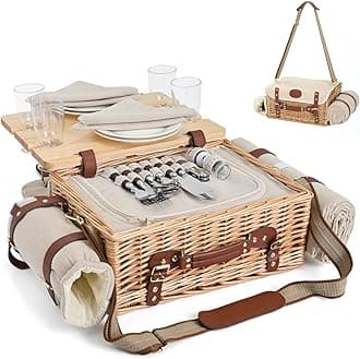 Multifunctional Wicker Picnic Basket Set for 4 with Blanket and Picnic Table, Insulated Picnic Set with Full Tablewares for Camping Outdoor Couples,Natural
