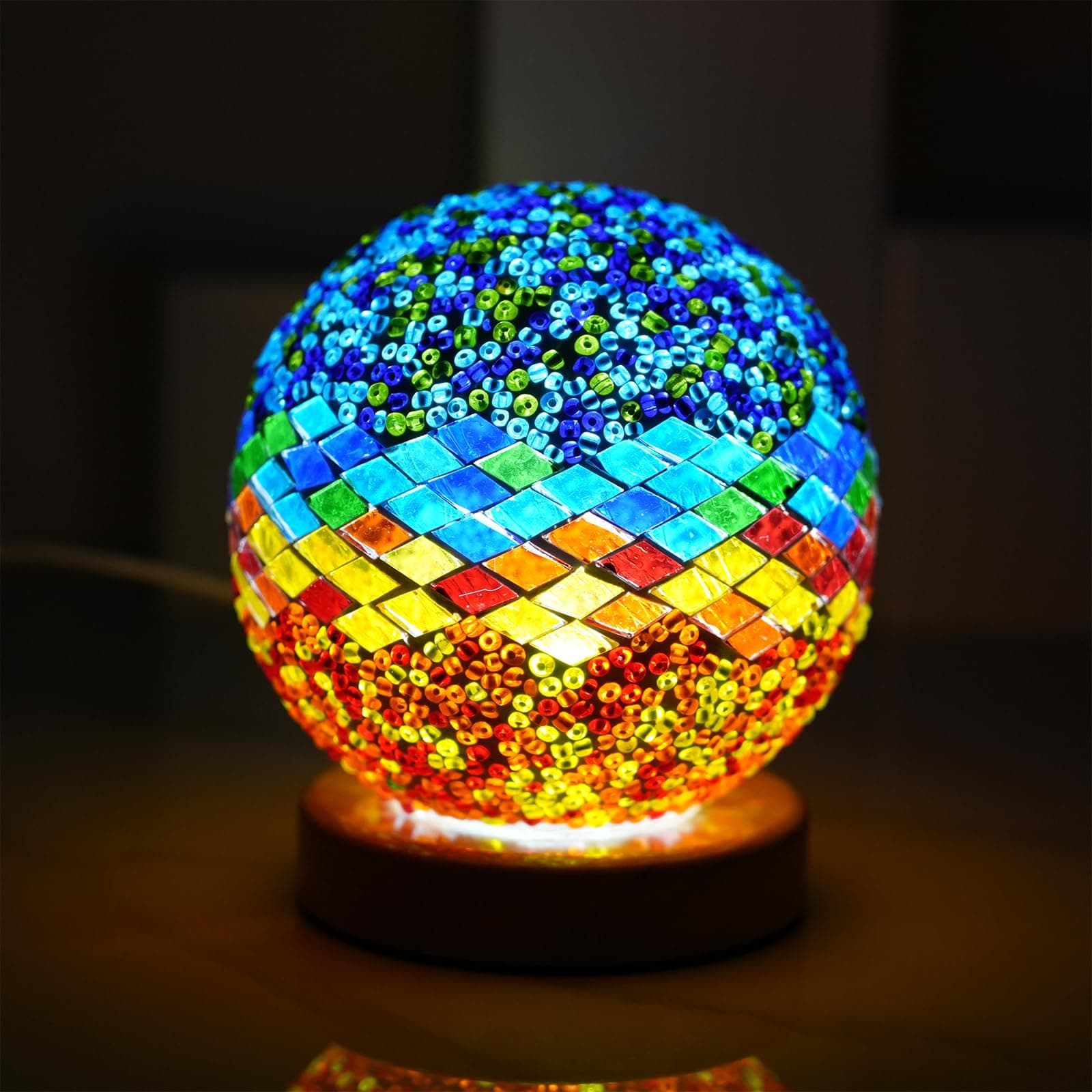 Turkish Table lamp (D:4.7" x H:5.2"),Mosaic Glass Lamps with Wooden Base, Bohemian Tiffany Bedside Lamps, USB Power Moroccan Lantern for Living Room Decorations (Mediterranean - Blue, Mediterranean)