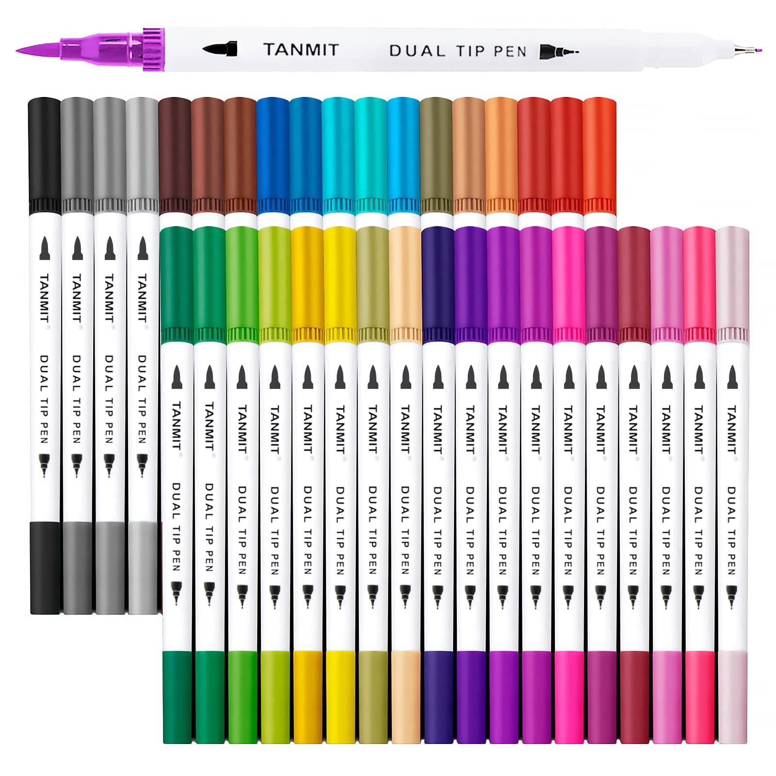 (36 Pack) - Dual Tip Brush Marker Pens, Tanmit 0.4 Fine Tip Markers & Brush Highlighter Pen Set of 36 for Bullet Journal Adults Colouring Book Note Taking Writing Planning Art Project