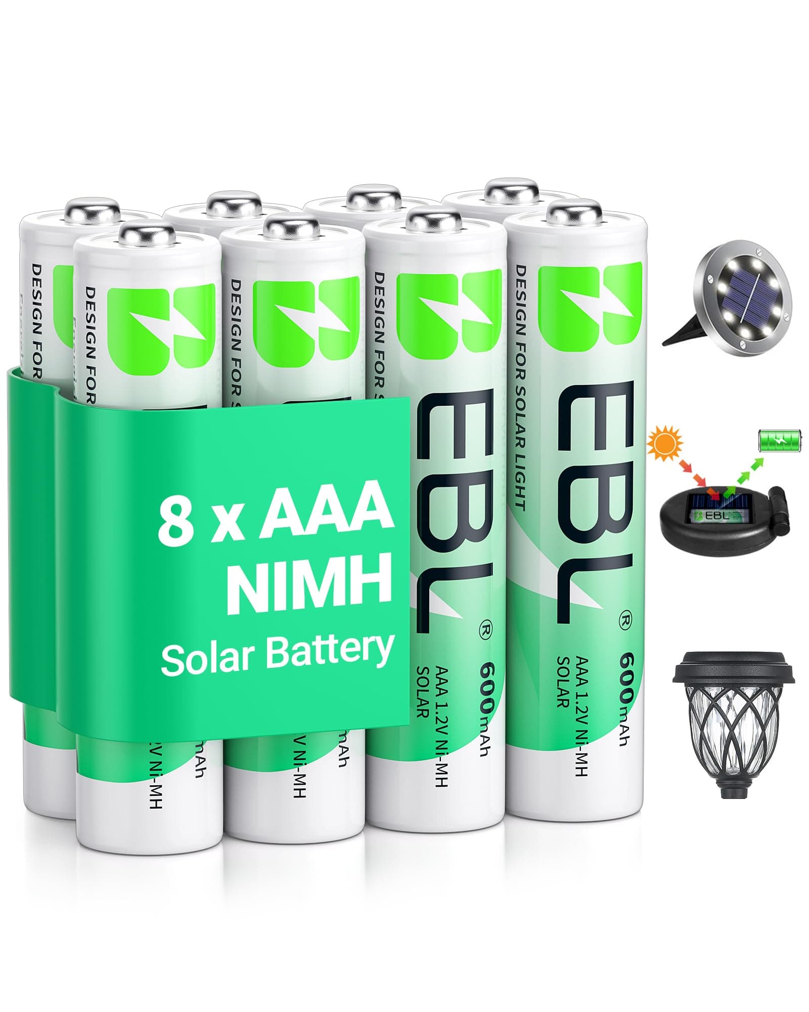 EBL Solar AAA Battery for Outdoor Solar Lights Replacement 1.2V 600mAh Rechargeable AAA Batteries Triple A Battery for Gaming Controller, RC Remote, Toys (Pack of 8)