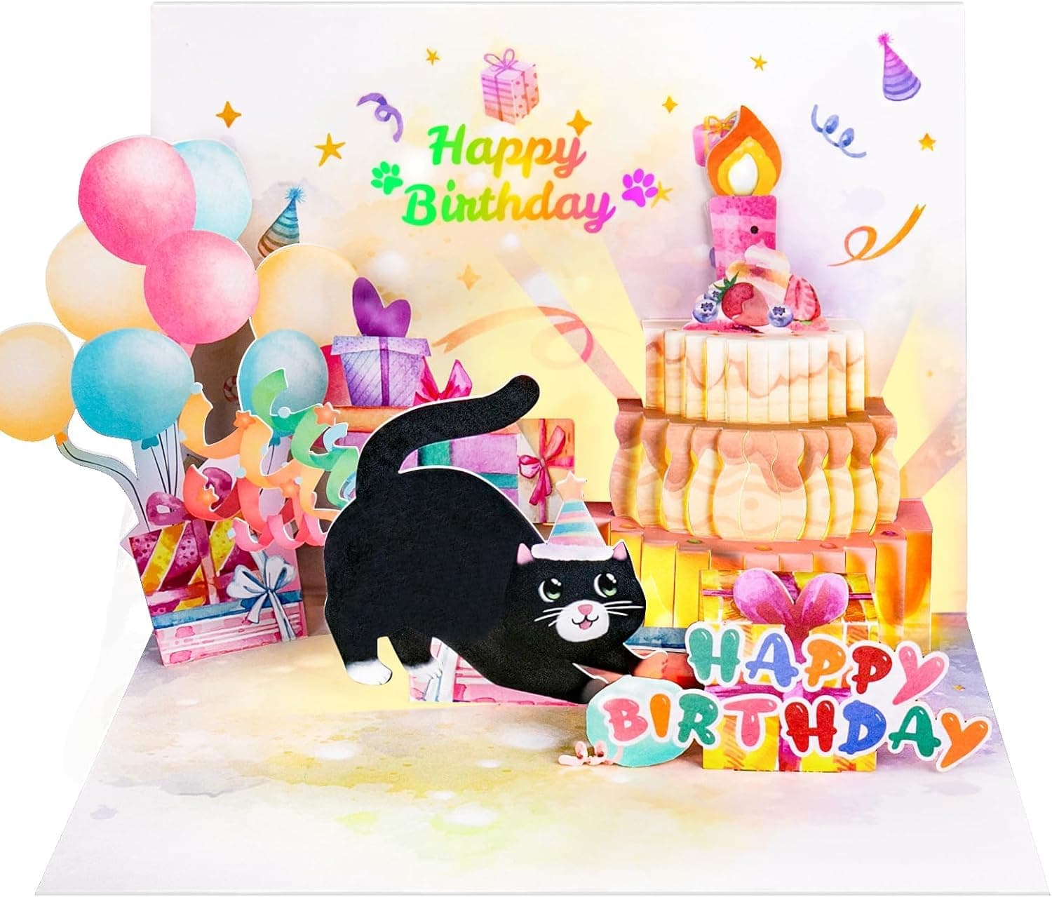 Birthday Cards, Cute Cat MUSIC & LIGHTS & BLOWABLE CANDLE Funny Pop up Happy Birthday Card, Birthday Gifts for Women Men Cat Lover Mom or Dad-Meow Cat