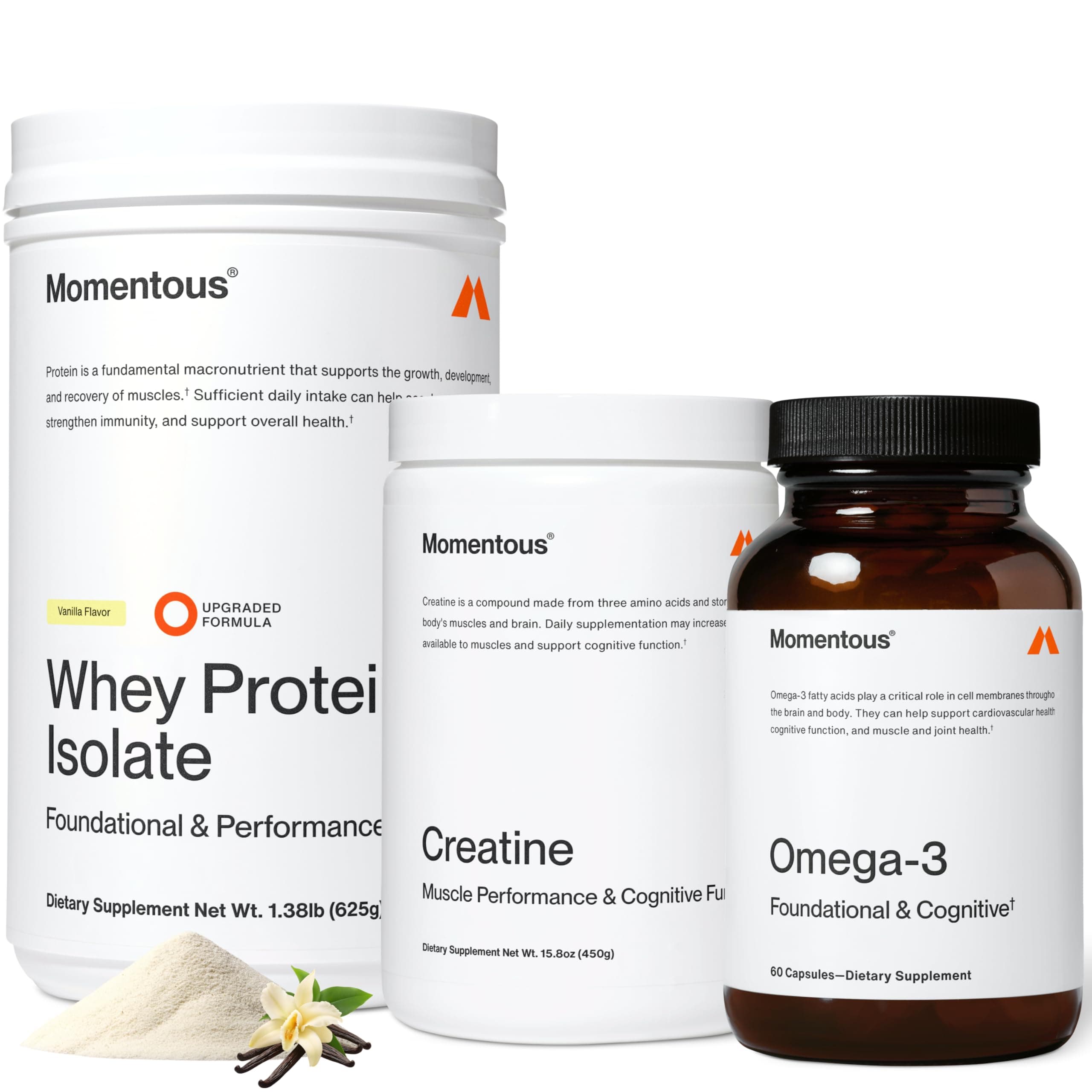 Three - Creatine Monohydrate Powder (90 Servings), Grass-Fed Whey Protein Powder (Vanilla) & Omega-3 Fish Oil 1600mg - Daily Essentials for Strength, Performance & Lean Muscle Recovery