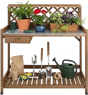- Ketive Garden Potting Bench with Metal Tabletop,Outdoor Potting Table Workstation Benches with Drawer/Storage Shelf，Fir Wood Potting Station Work Table with Open Shelf,Lattice Back (Brown)
