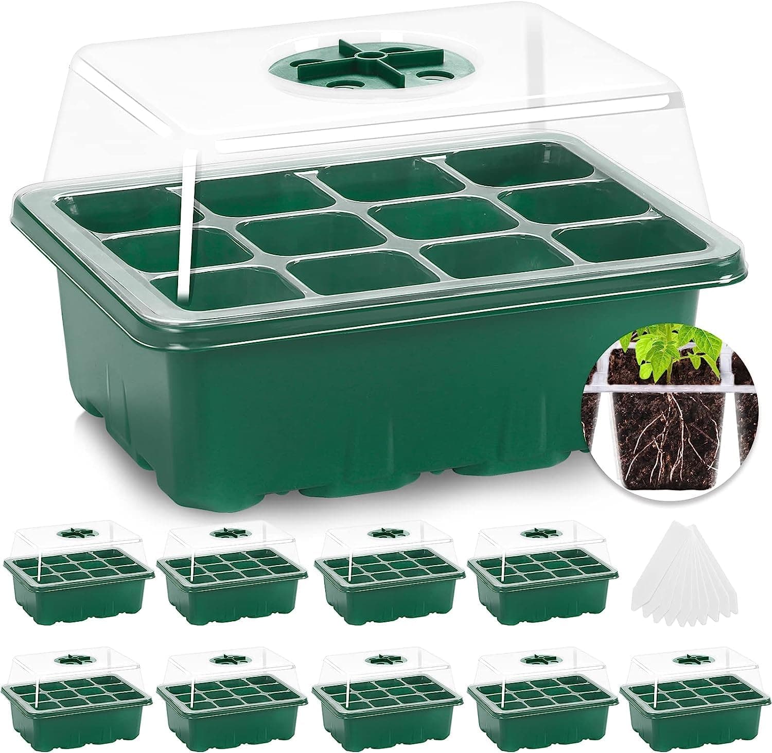 MIXC Seed Trays, 10 Pack 120 Cells Seed Tray for Seedlings Reusable Seed Trays with Lids, propagators for plants, Germination Trays Kit Plastic for Greenhouse/Garden Green