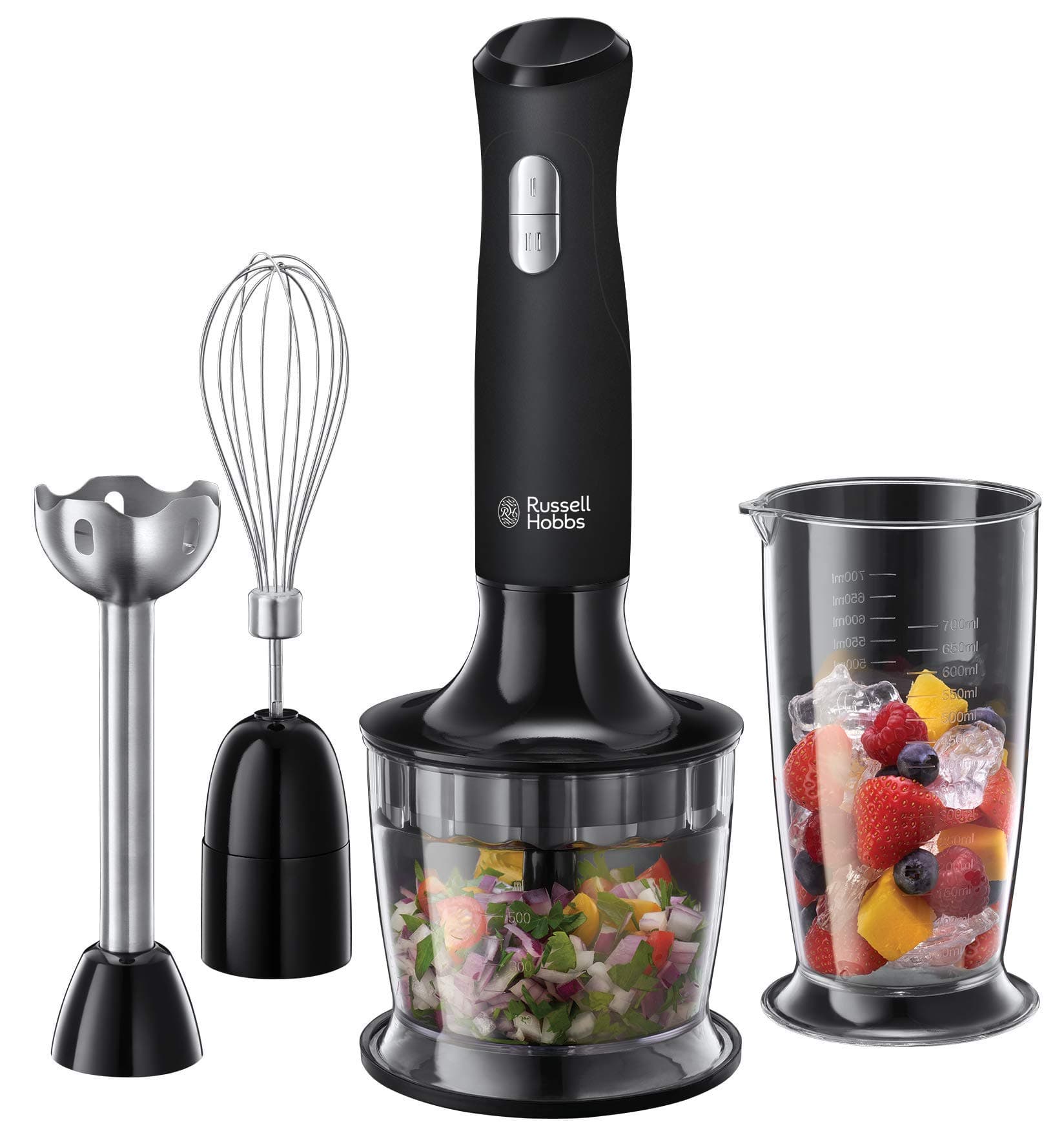 Russell Hobbs 24702 Desire 3 In 1 Hand Blender With Electric Whisk And Vegetable Chopper Attachments, Matte Black, 500 W"Min 1 year manufacturer warranty"