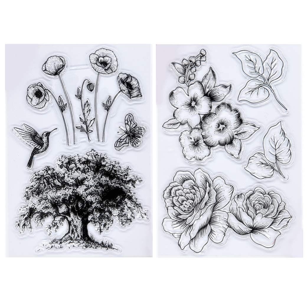 Kwan Crafts 2 Sheets Different Style Tree Flowers Bird Clear Stamps for Card Making Decoration and DIY Scrapbooking