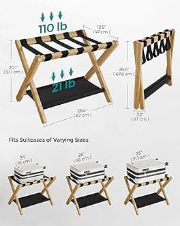 SONGMICS Bamboo Luggage Rack for Guest Room, Folding Suitcase Stand with Fabric Storage Shelf, for Hotel, Bedroom, Heavy-Duty, Holds up to 131 lb, Natural Beige URLR007N01