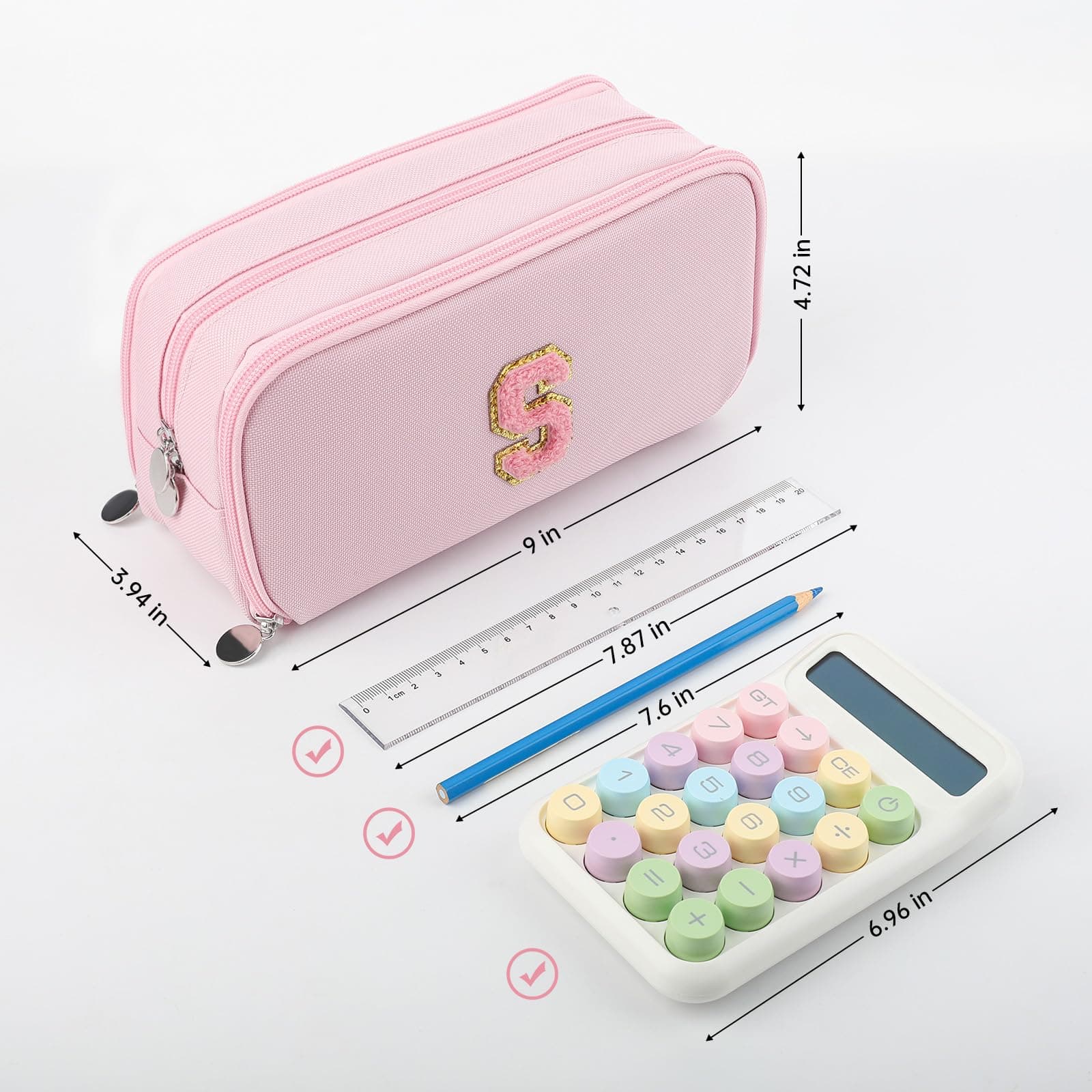 Extra Large Capacity Pencil Case 3 Compartment Initial Pencil Pouch Personalized Cute Aesthetic Stationery Pen Case Bag for School Teen Girl Boy Men Women Gift (S, Pink)
