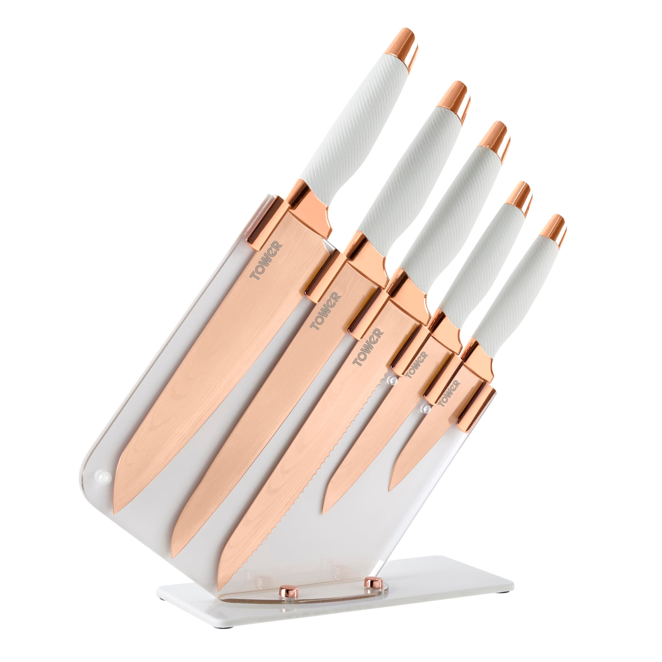 Damascus Effect 5 Piece Kitchen Knife Set with Stainless Steel Blades and Acrylic Stand, Rose Gold and White, T81532RW