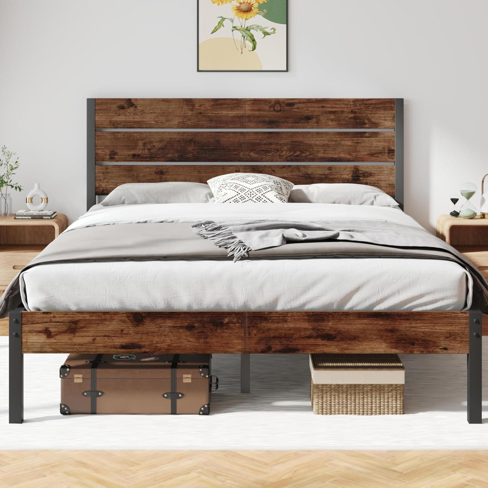 Queen Bed Frame with Headboard and Footboard, with Under Bed Storage, All-Metal Support System, No Box Spring Needed, Easy Assembly,Rustic Brown