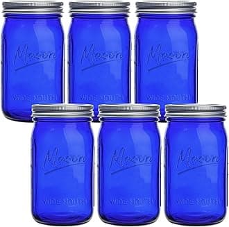 Blue Mason Jars 32 oz,6 Pack Wide Mouth Colored Quart Canning Jars with Airtight lids & Bands for Centerpieces,Fermenting,Pickling,Storage,DIY Crafts & Décor