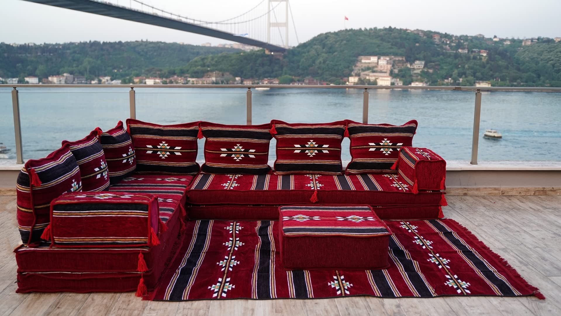 Oriental Floor Seating, Maroon Floor Sofa Seating Set, Corner Arabic Sofa, Floor Cushions, Arabic Furtiture, Arabic Majlis, Moroccan Jalsa (L Sofa + Rug + Pillows)