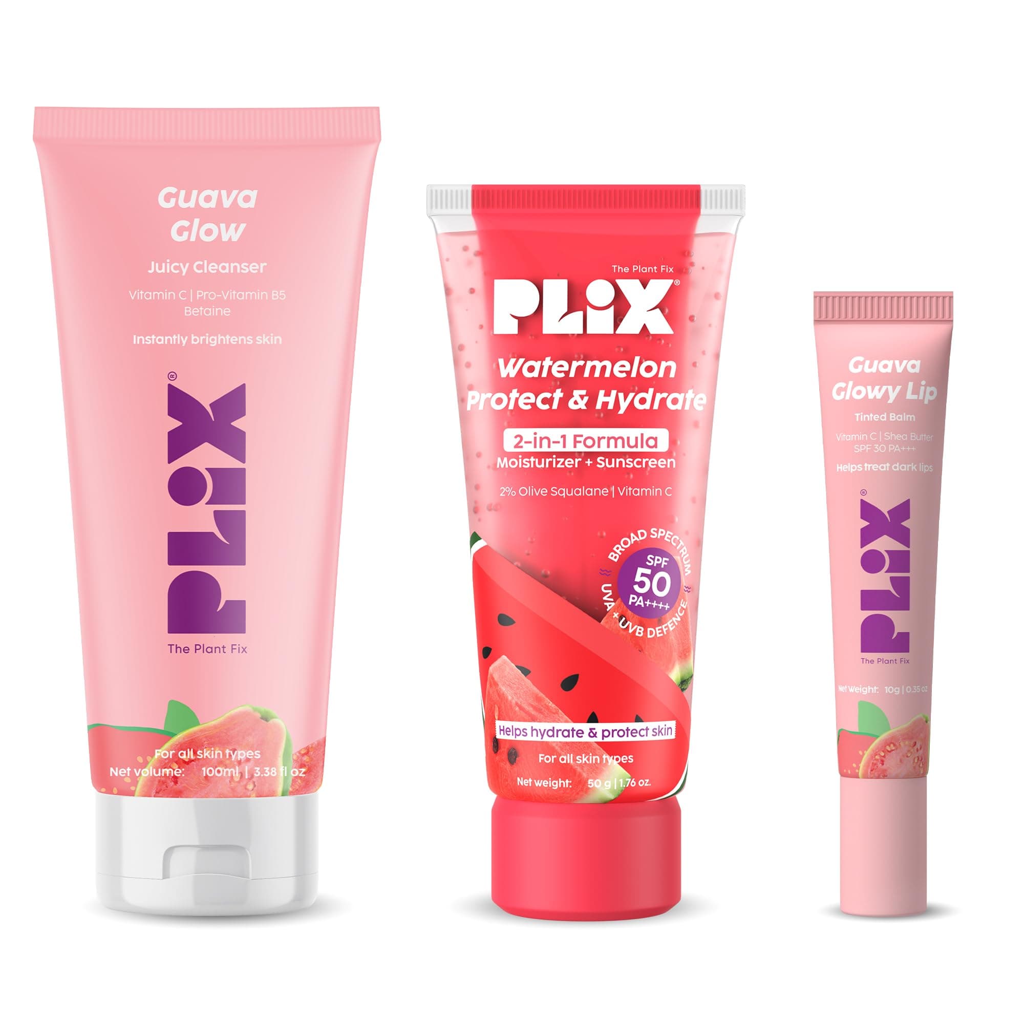 PLIX - THE PLANT FIX Glow, Moisturize & Protect Combo | Guava cleanser & Watermelon dual sunscreen & Guava lip tinted blam | With SPF PA 50 ++++ & Vitamin C