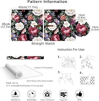 HAOKHOME Floral Peel and Stick Wallpaper Removable Vintage Wall Paper Black/Green/Pink Vinyl Self Adhesive Wall Mural 17.7in x 9.8ft