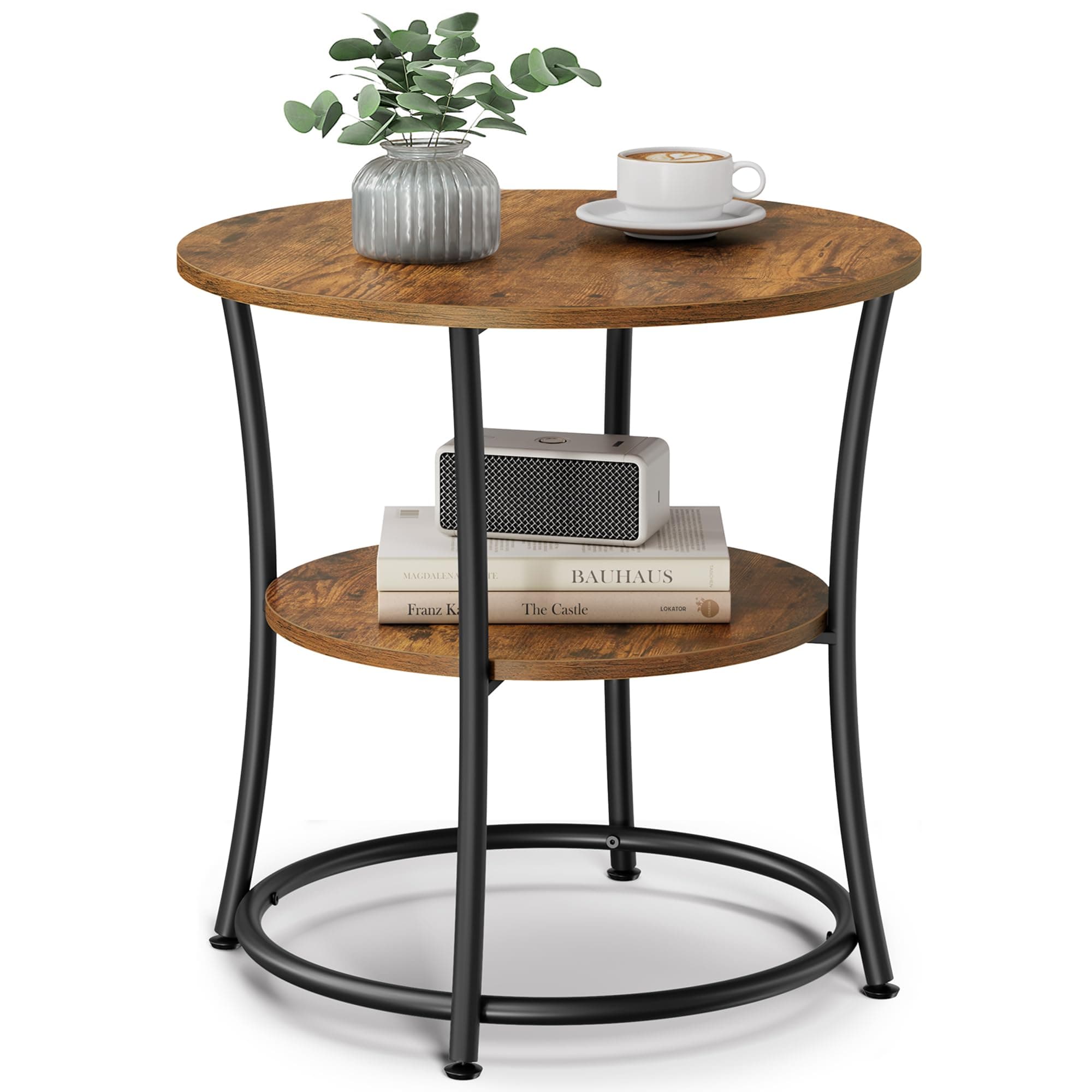 VASAGLE Side Table, End Table with 2 Shelves, Small Round Table for Living Room, Bedroom, Easy Assembly, Steel Frame, Industrial, Rustic Brown and Ink Black LET56BX