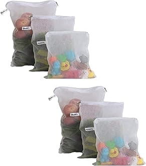 Beddify Set of 6 Reusable Fridge Storage Bags for Vegetables and Fruits with Zipper Dual Layer Mesh Net Multipurpose Multi-Size Kitchen Storage Bags Organizer (White)