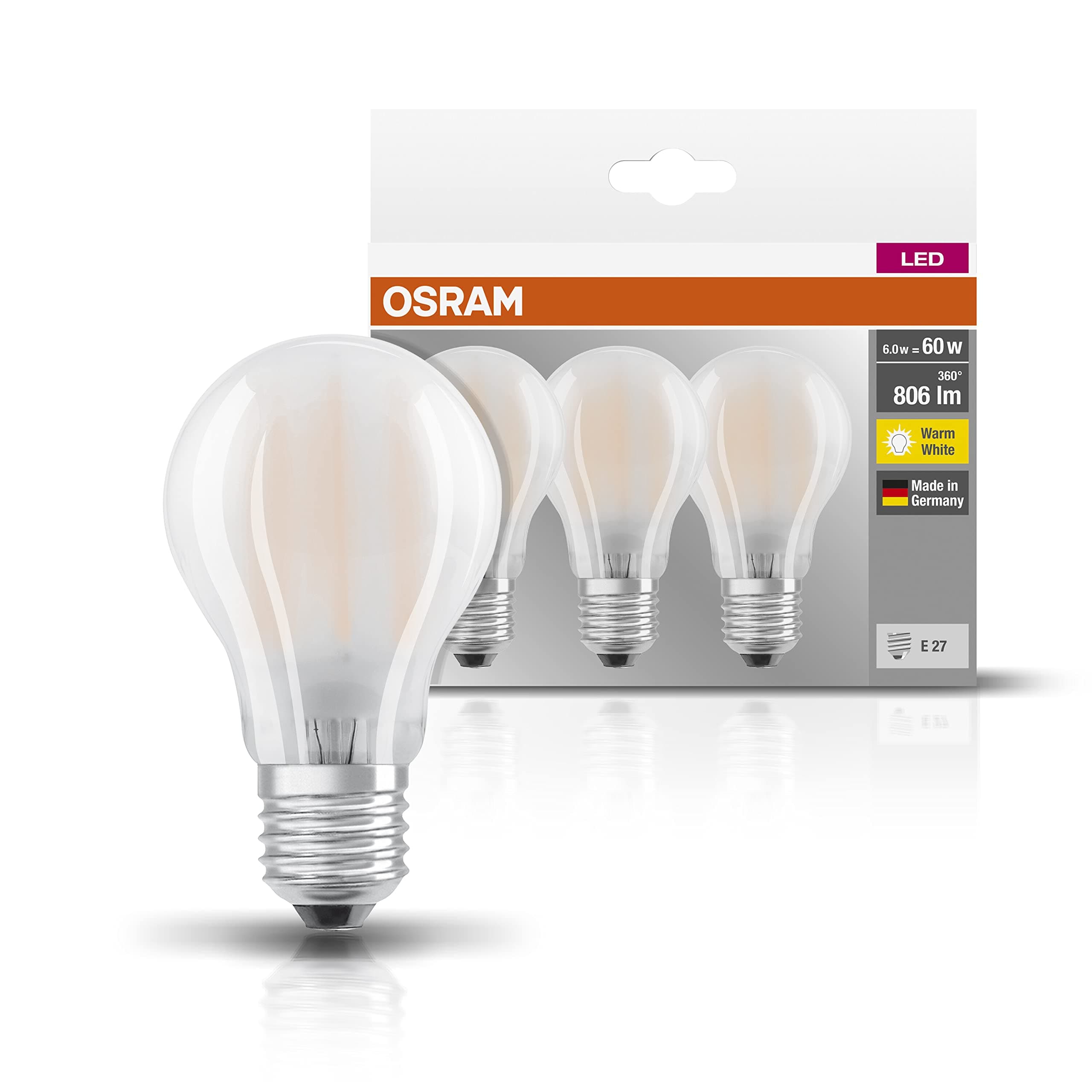 OSRAM LED Base Classic A / LED-lamp in bulb shape with E27-base / not dimmable / replacement for 60 Watt / Matt / warm white - 2700 Kelvin / pack of 3