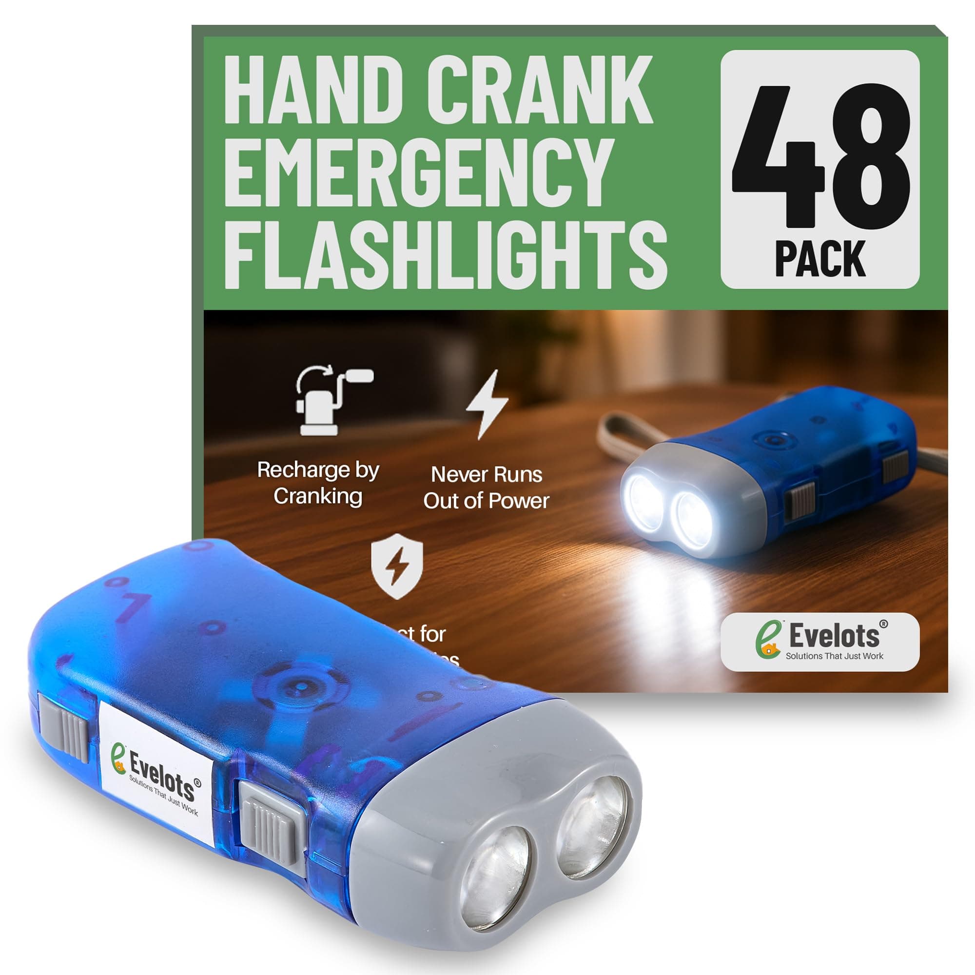 Evelots Hand Crank Emergency Flashlights -48 Pack- Camping, Home, Car - Double LED Bright Lights - Great for Hiking, Outdoor Sports, Power Outage Easy to Use
