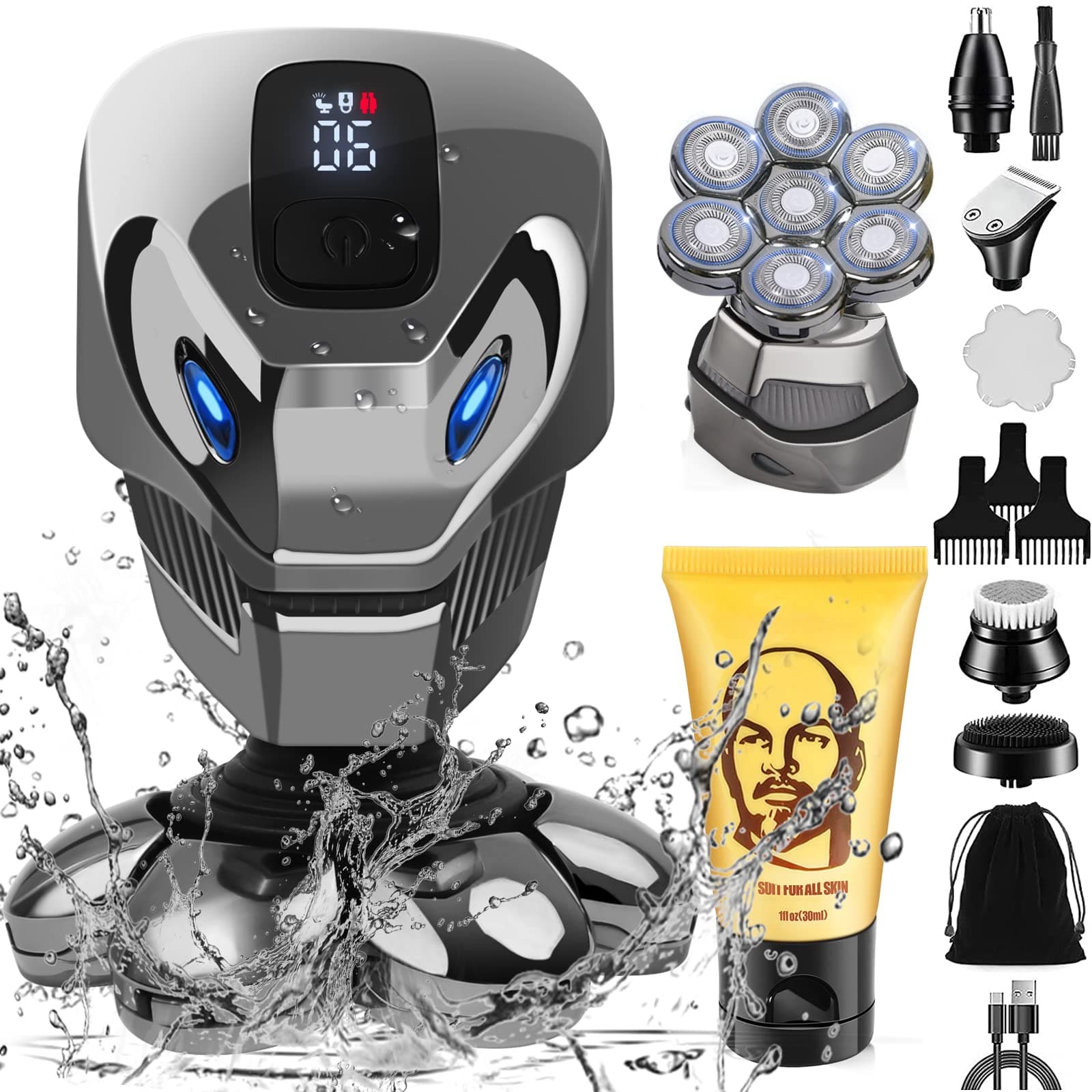 YEMIUGO Head Shavers for Bald Men, 9 in 1 Multifunction Electric Shaver & Grooming Sets with Nose Ear Hair Trimmers & Shaving Cream, 7D Beard Hair Razor for Bald, Cordless Rechargeable Shaver for Men