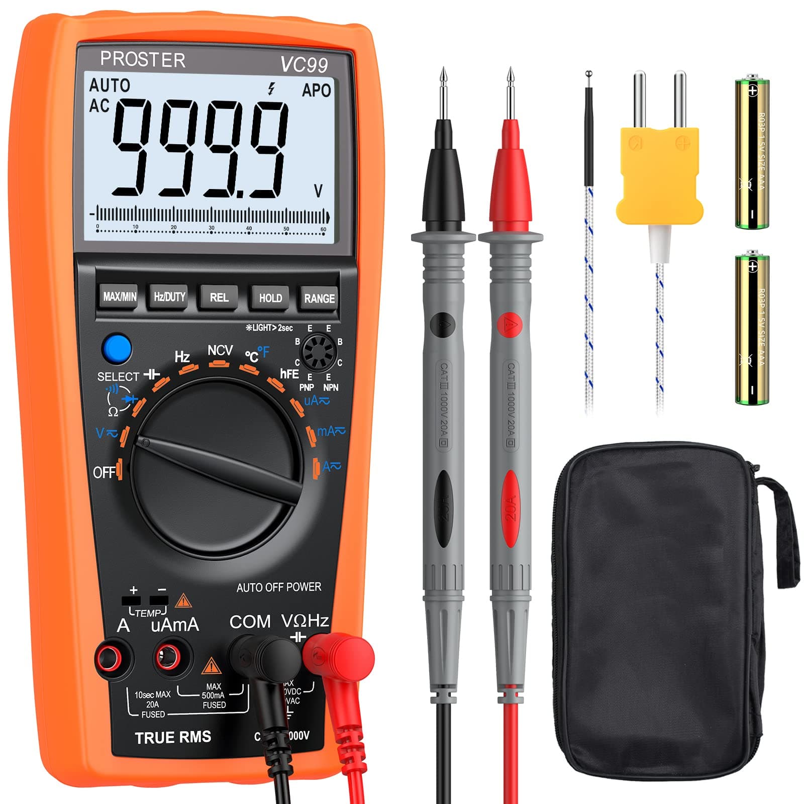 Proster Autoranging Multimeter 6000 Count TRMS Digital Multitester NCV AC DC Current Voltage Tester Amp Ohm Volt Meter Capacitance Test Temperature Measurement Continuity Tester