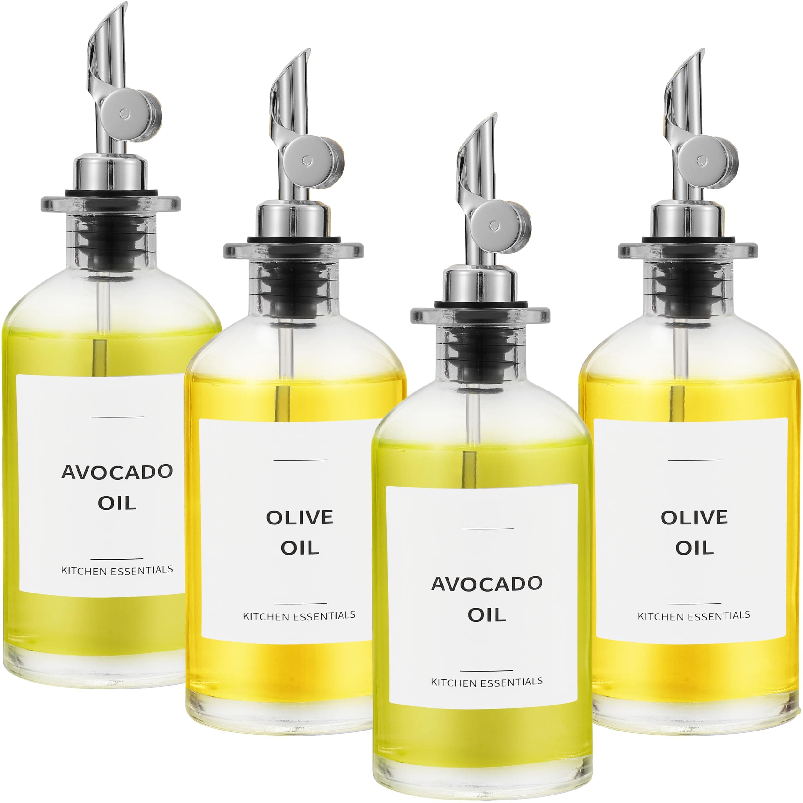 Olive Oil Dispenser Bottle - Includes 55 Kitchen Essential Labels - Cooking Oil Bottles for Kitchen, Coffee Syrup Dispenser - Pourer Spout with 350 ml Glass Container Cruet - 4pcs, Silver