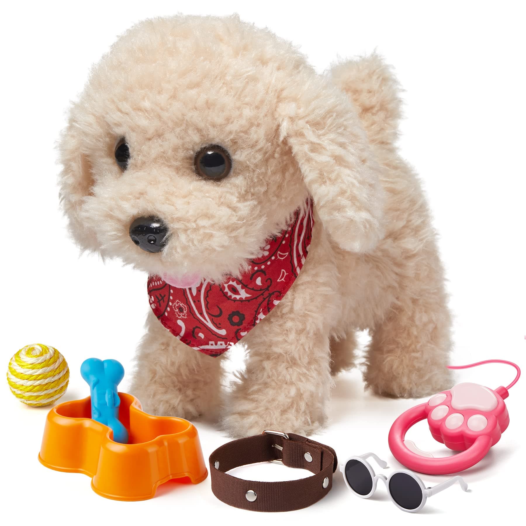 TUMAMA Interactive Plush Dog Toy, Remote Control Electronic Pets, Soft Cuddly Dog, Walks, Barks, Shake Tail, Sunglasses, Scarf, Collar, Bowl, Bone, Ages 2+