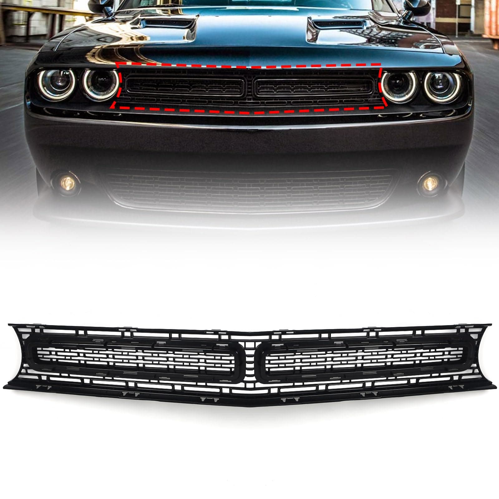 Front Upper Grille Compatible with 2015 2016 2017 2018 2019 2020 2021 2022 Dodge Challenger, Matte Black Grill with Black Molding 68262955AD CH1200390