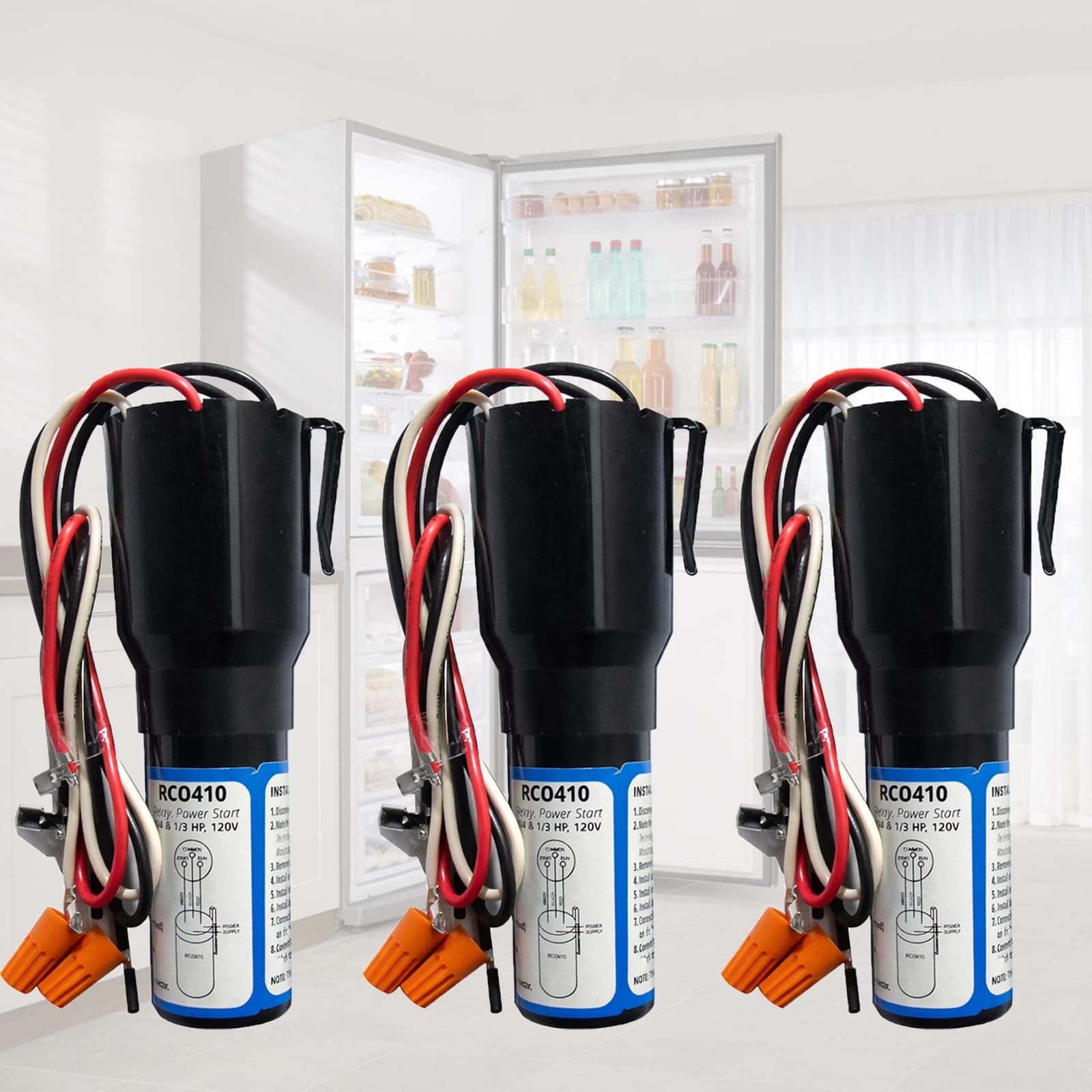 RCO410 3 in 1 Compressor Hard Start Capacitor Kit For Refrigerators & Freezers 1/4-1/3 H.P. 115VAC (3pcs)